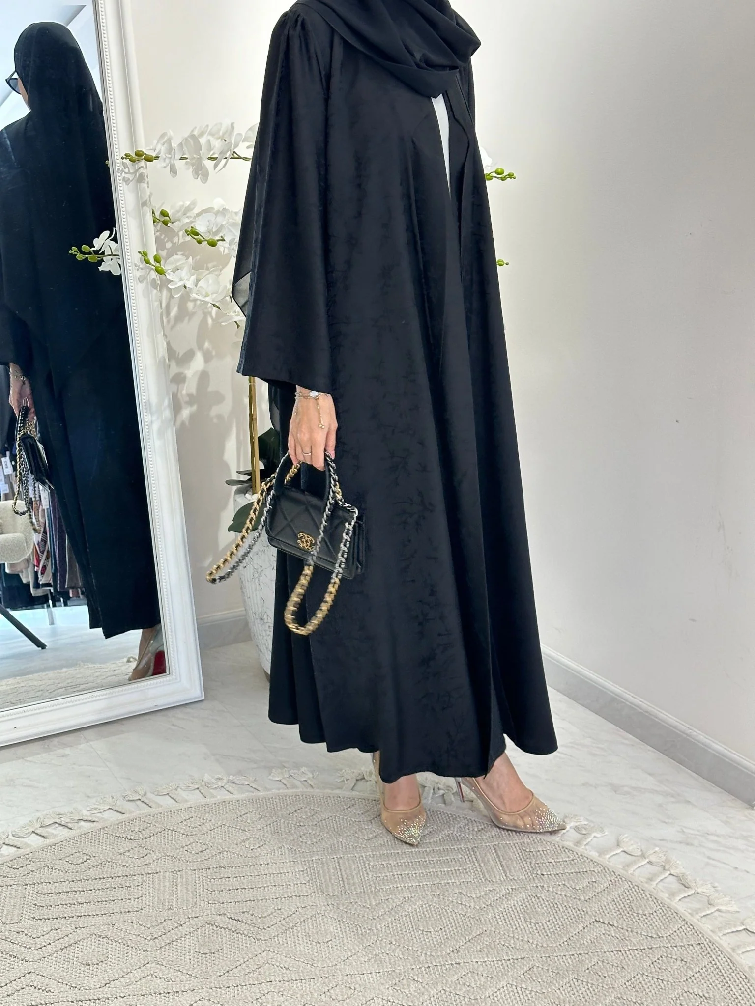 C 0371-01 Black Floral Printed Abaya - Image 4