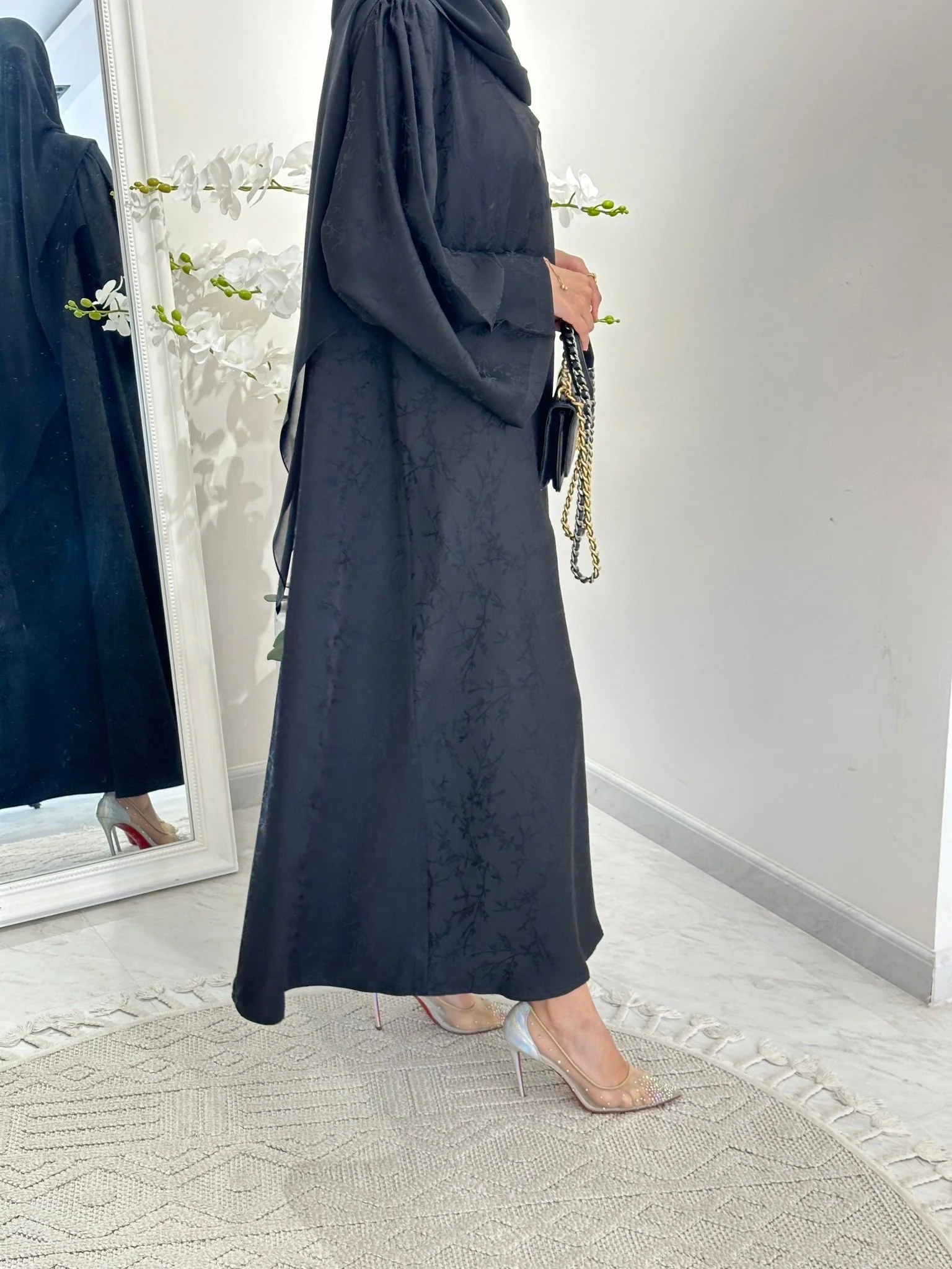 C 0371-01 Black Floral Printed Abaya - Image 5