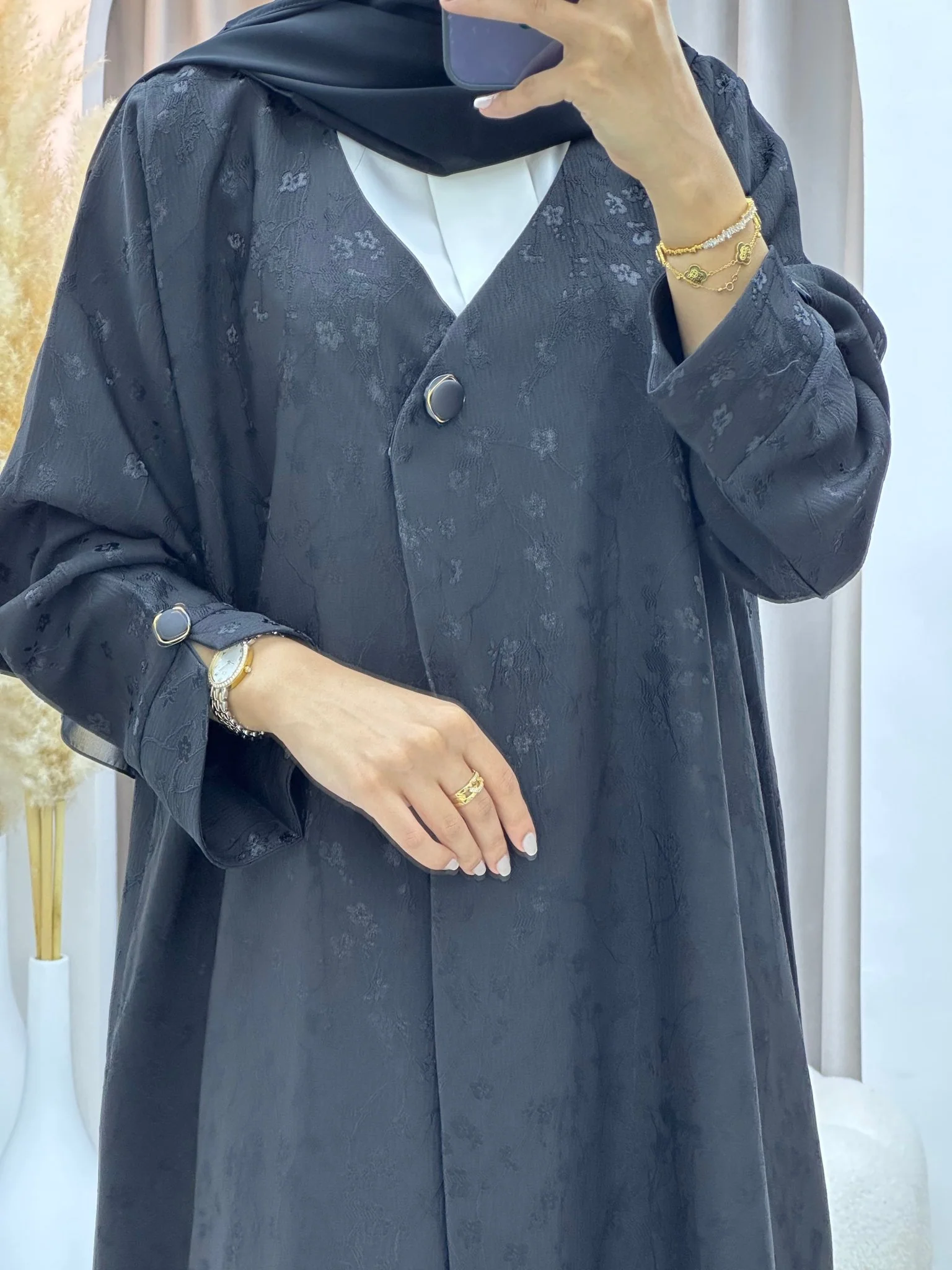 C 0587-01 Black Floral Printed Abaya - Image 2