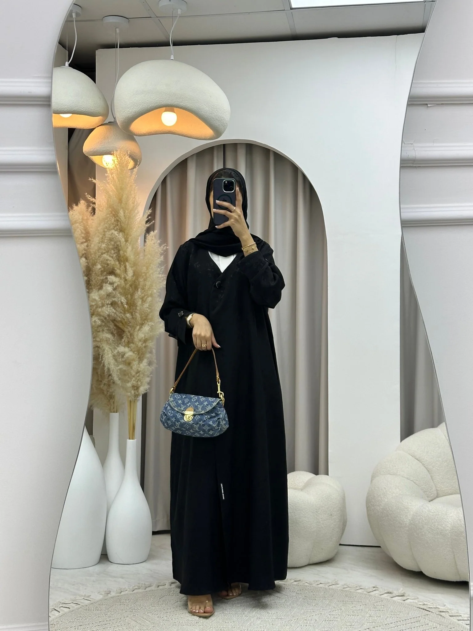 C 0587-01 Black Floral Printed Abaya - Image 3