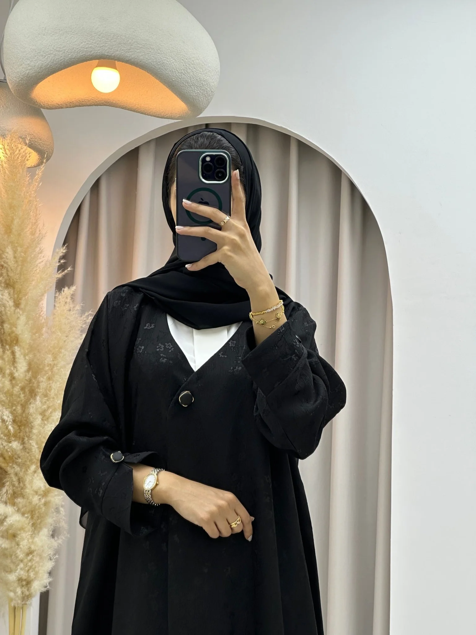 C 0587-01 Black Floral Printed Abaya - Image 6
