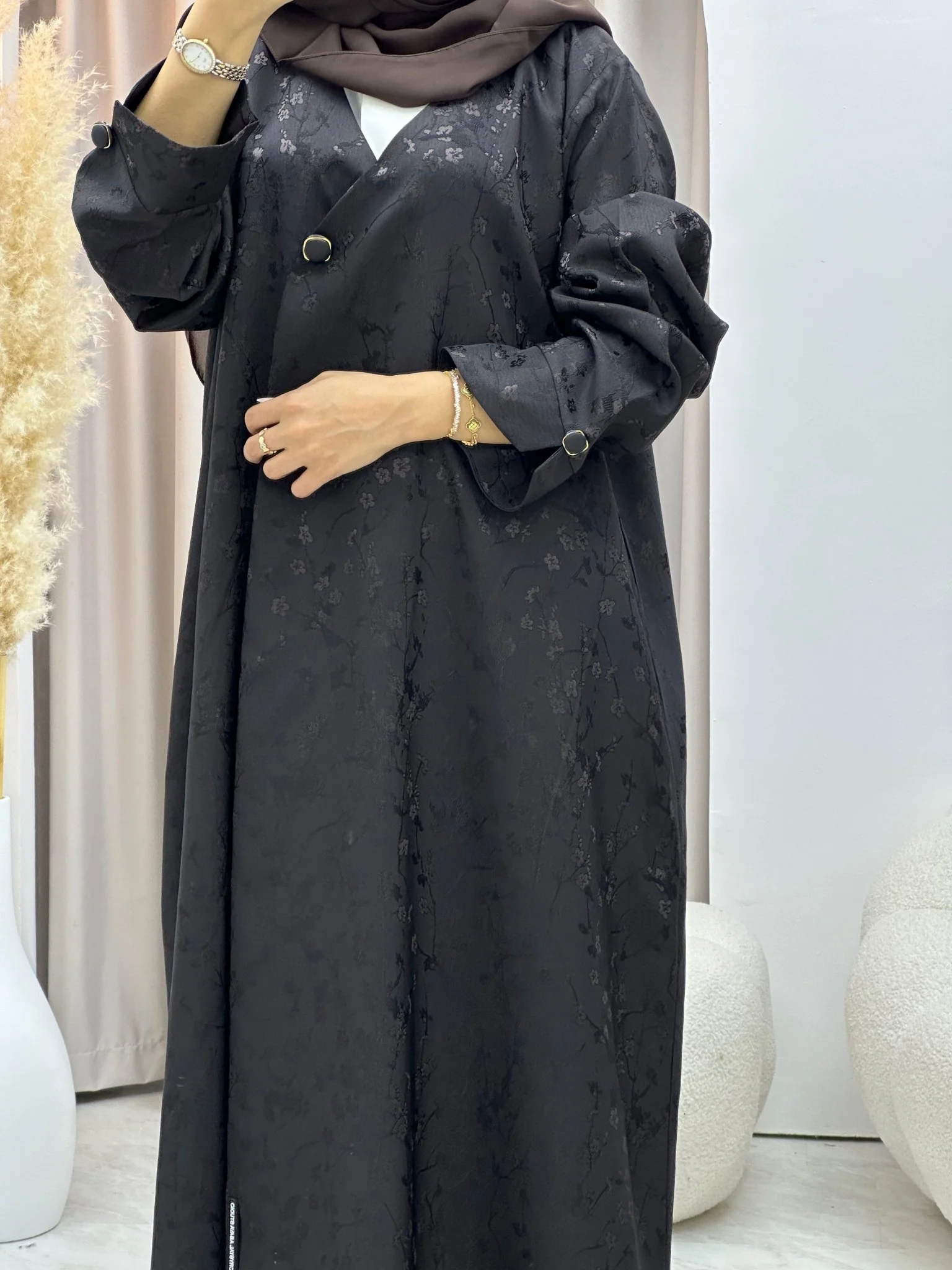 C 0587-02 Brown Floral Printed Abaya - Image 2