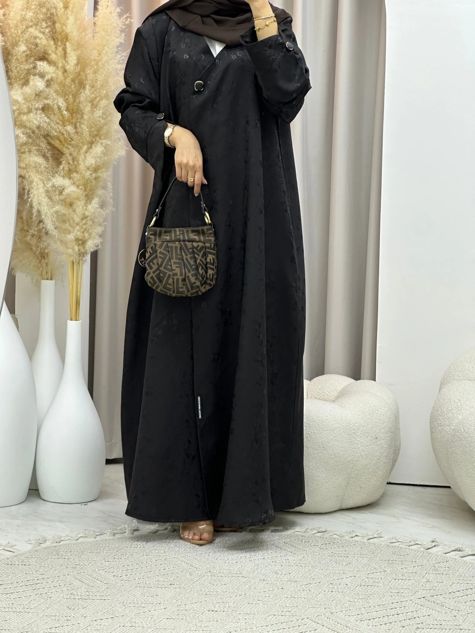 C 0587-02 Brown Floral Printed Abaya - Image 5