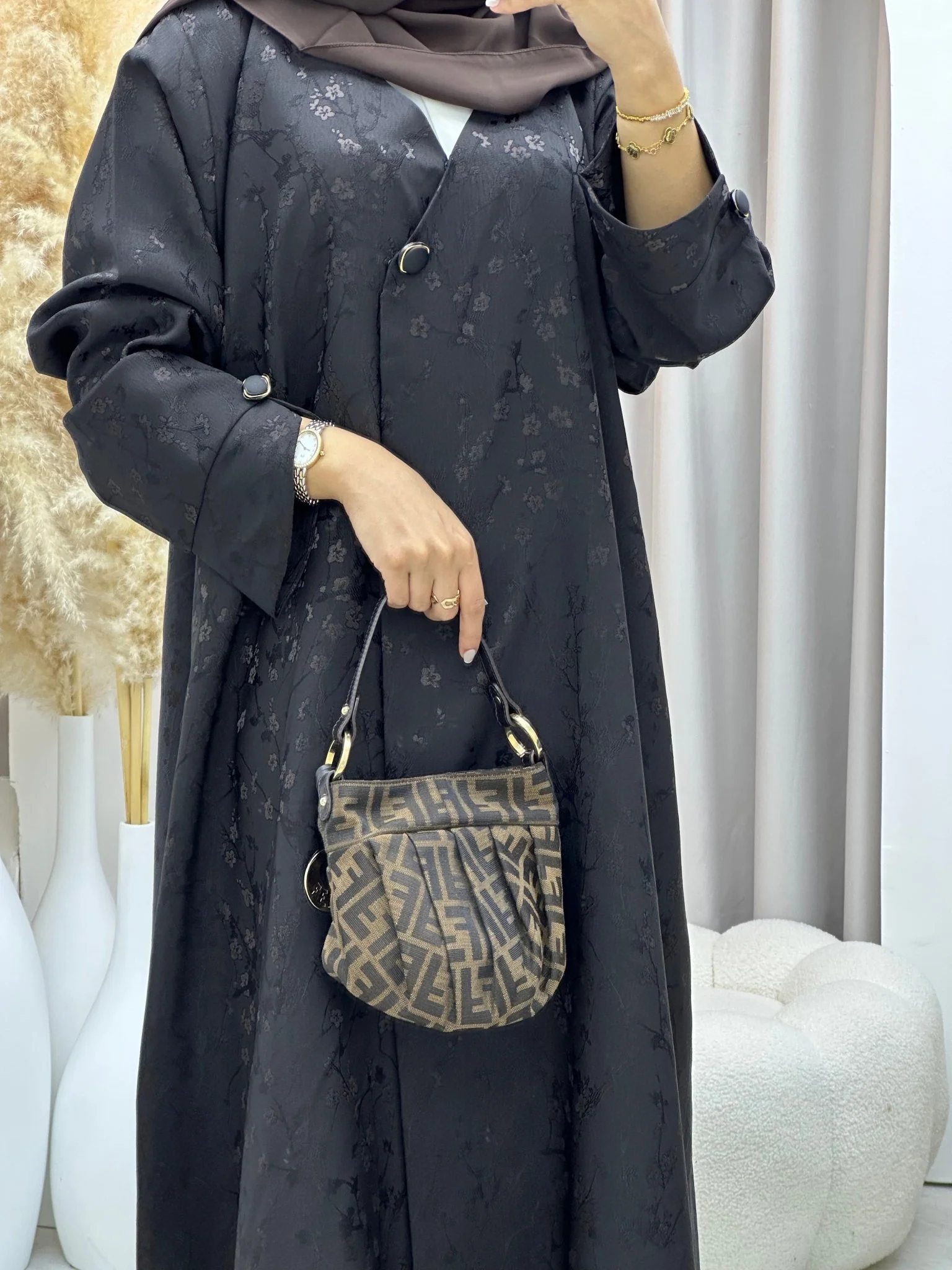 C 0587-02 Brown Floral Printed Abaya - Image 6