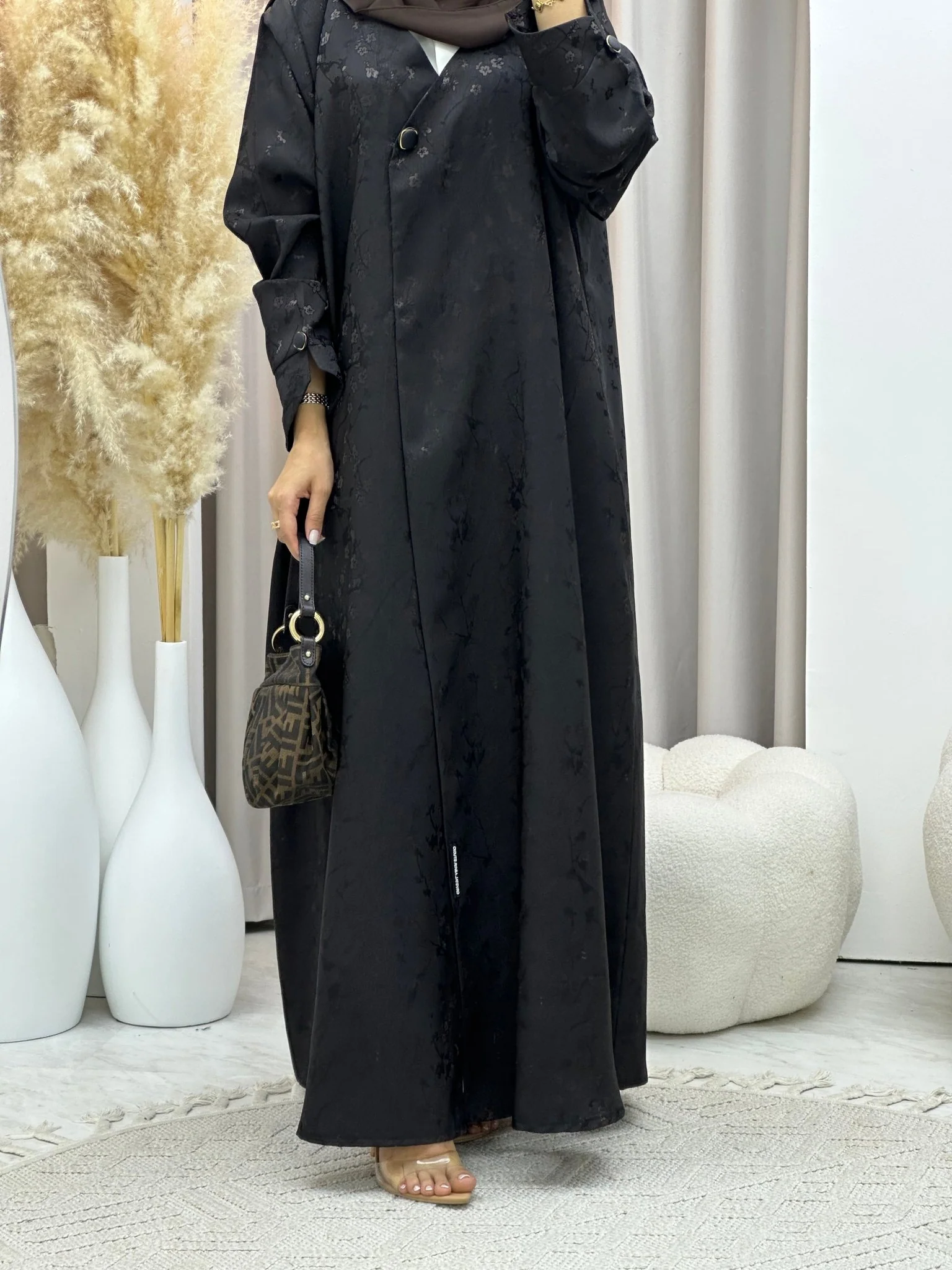 C 0587-02 Brown Floral Printed Abaya - Image 7