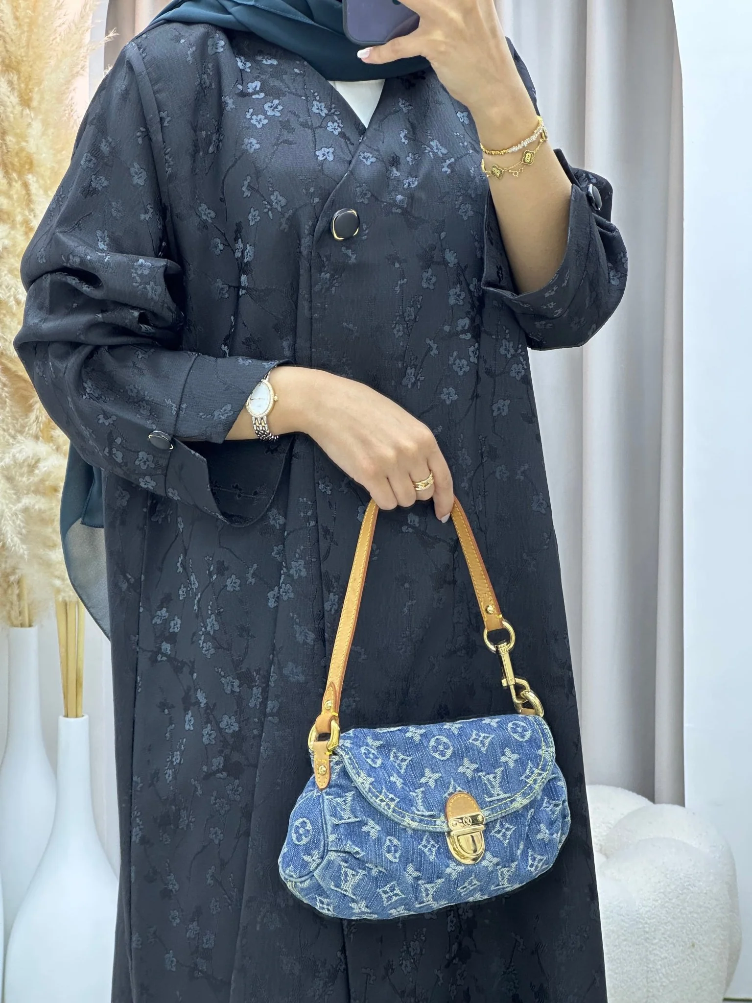 C 0587-04 Teal Floral Printed Abaya - Image 6