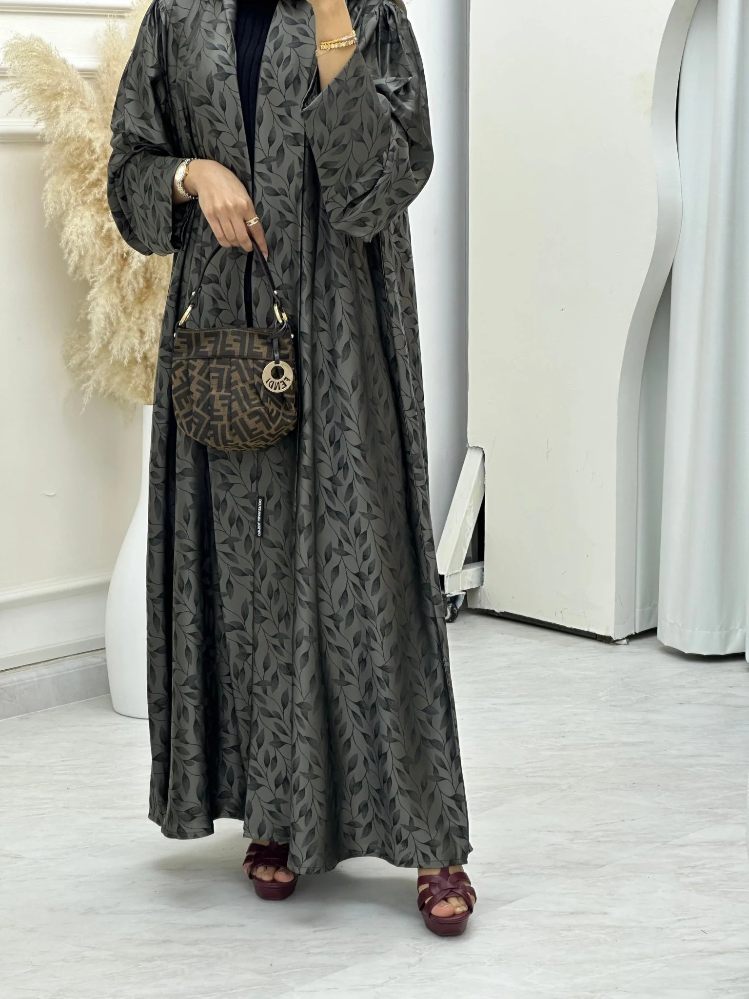 C 0632-06 Olive Leaf Print Abaya - Image 6
