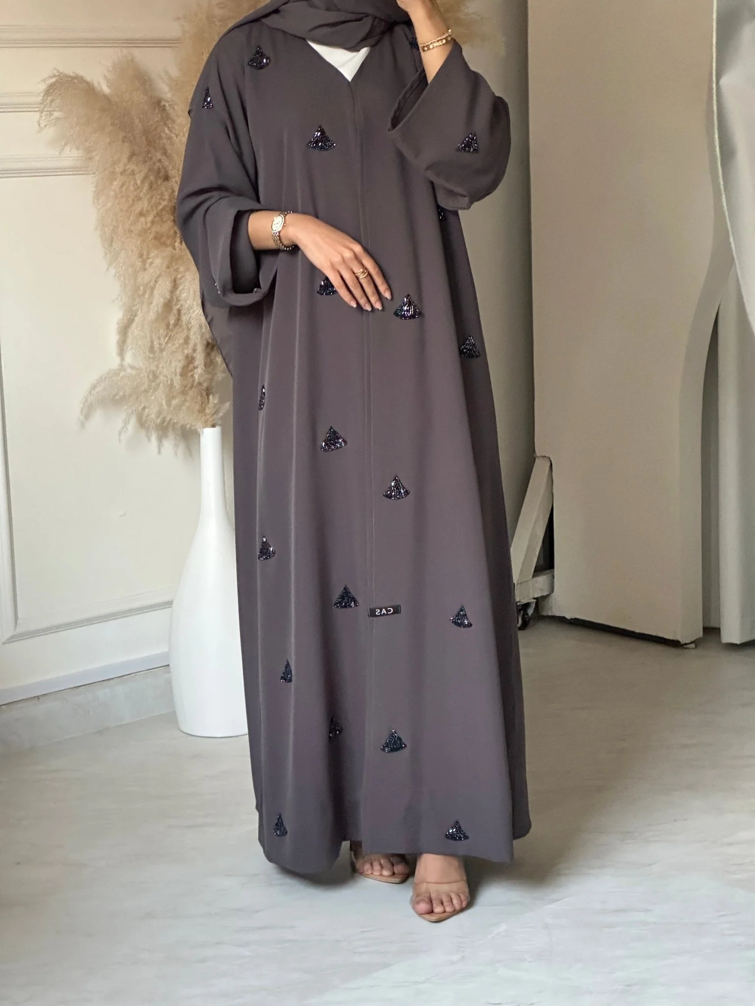 C 0671 Grey Beaded Abaya - Image 6