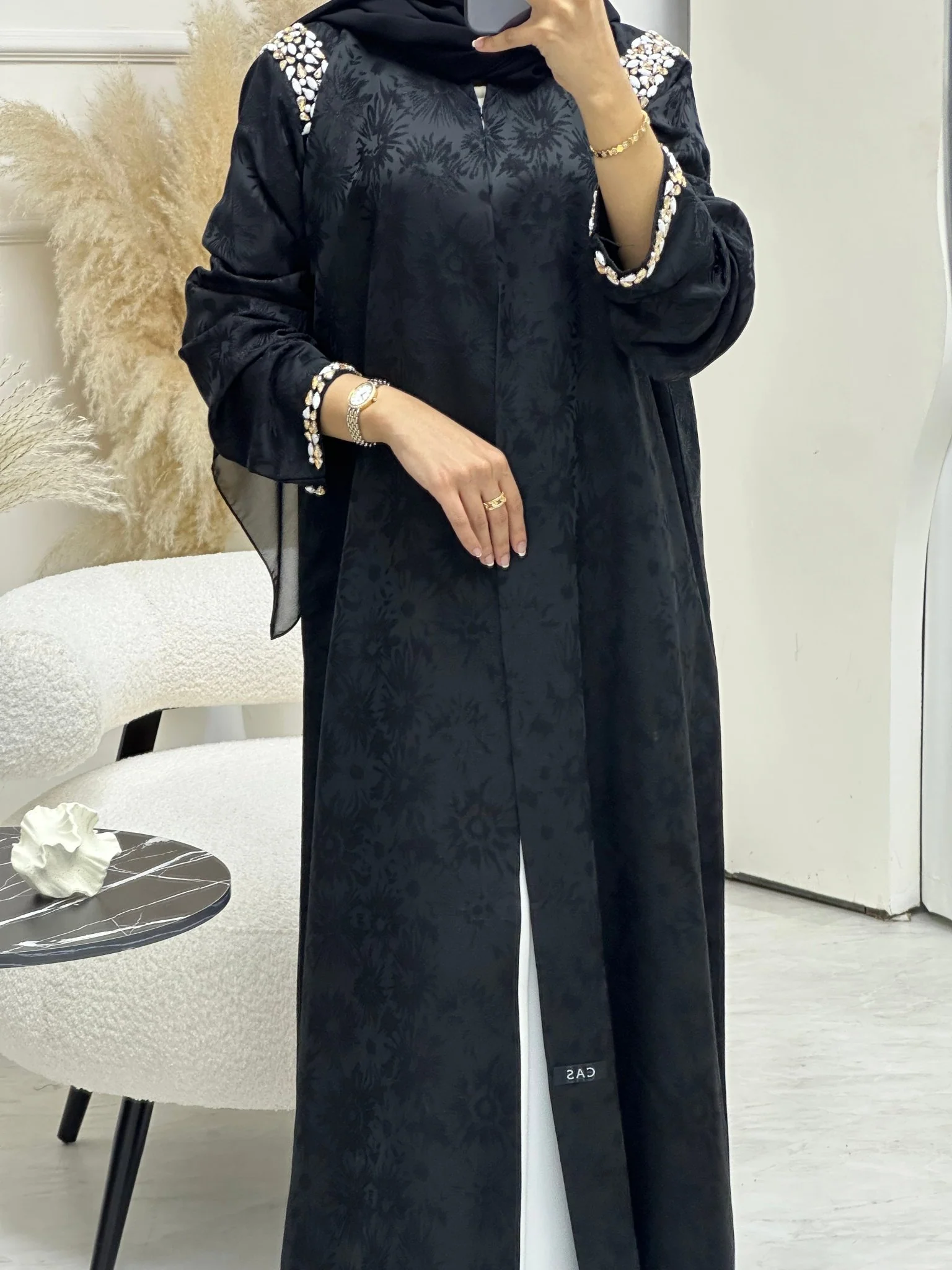C 0687 Black Beaded Ramadan Abaya - Image 3