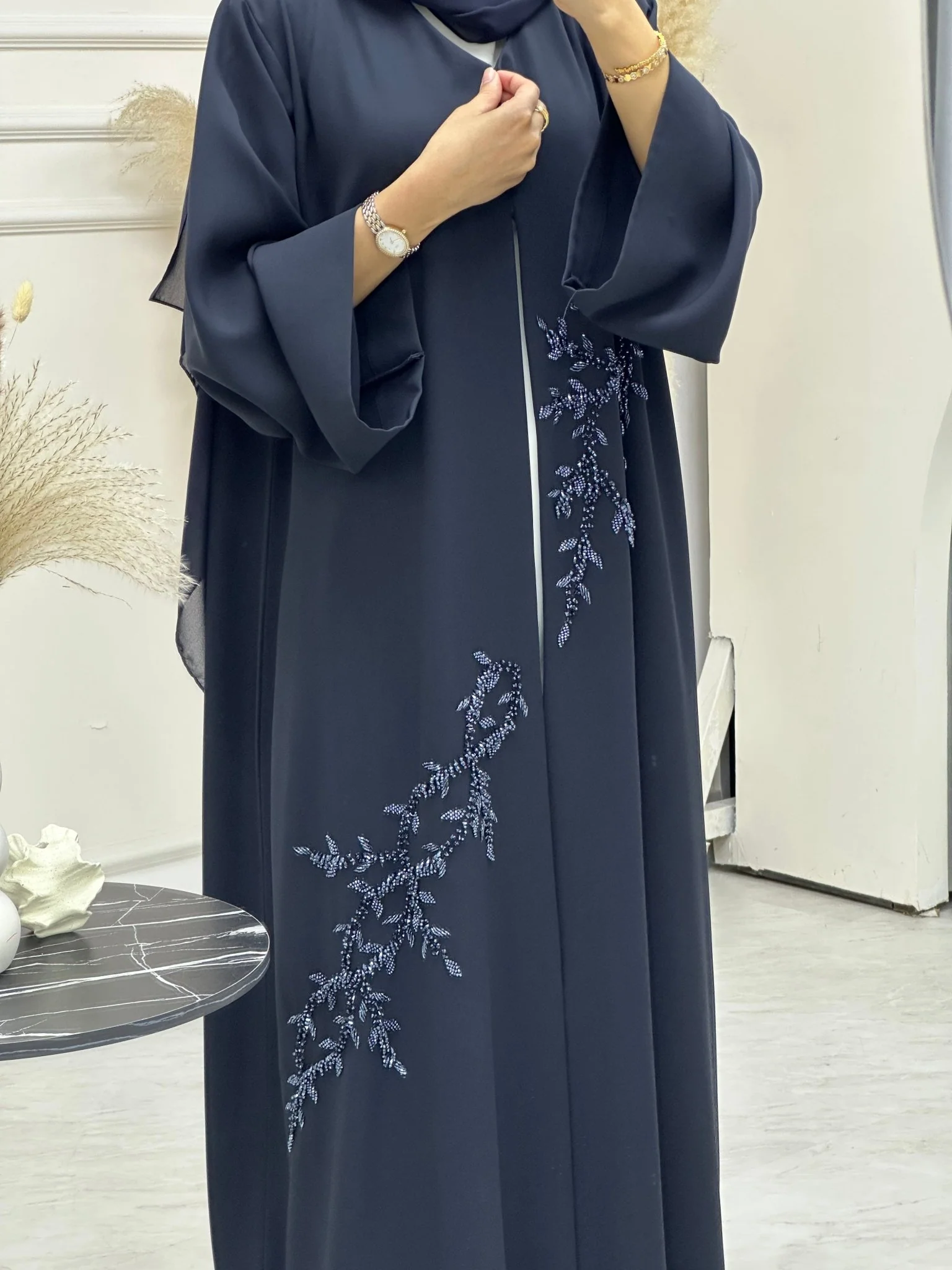 C 0746 Dark Navy Blue Beaded Abaya - Image 5