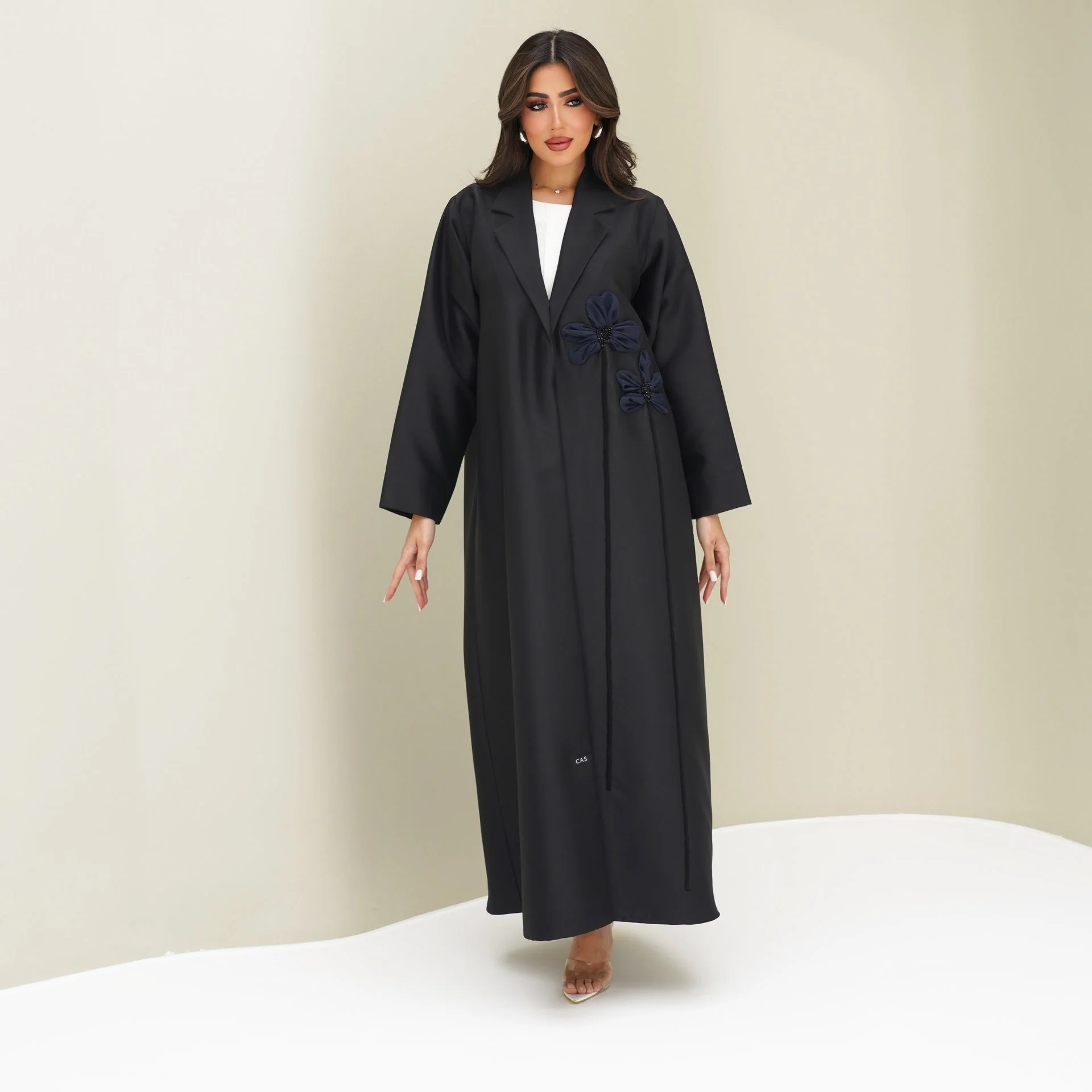 C 0761 Black Floral Coat Abaya - Image 4