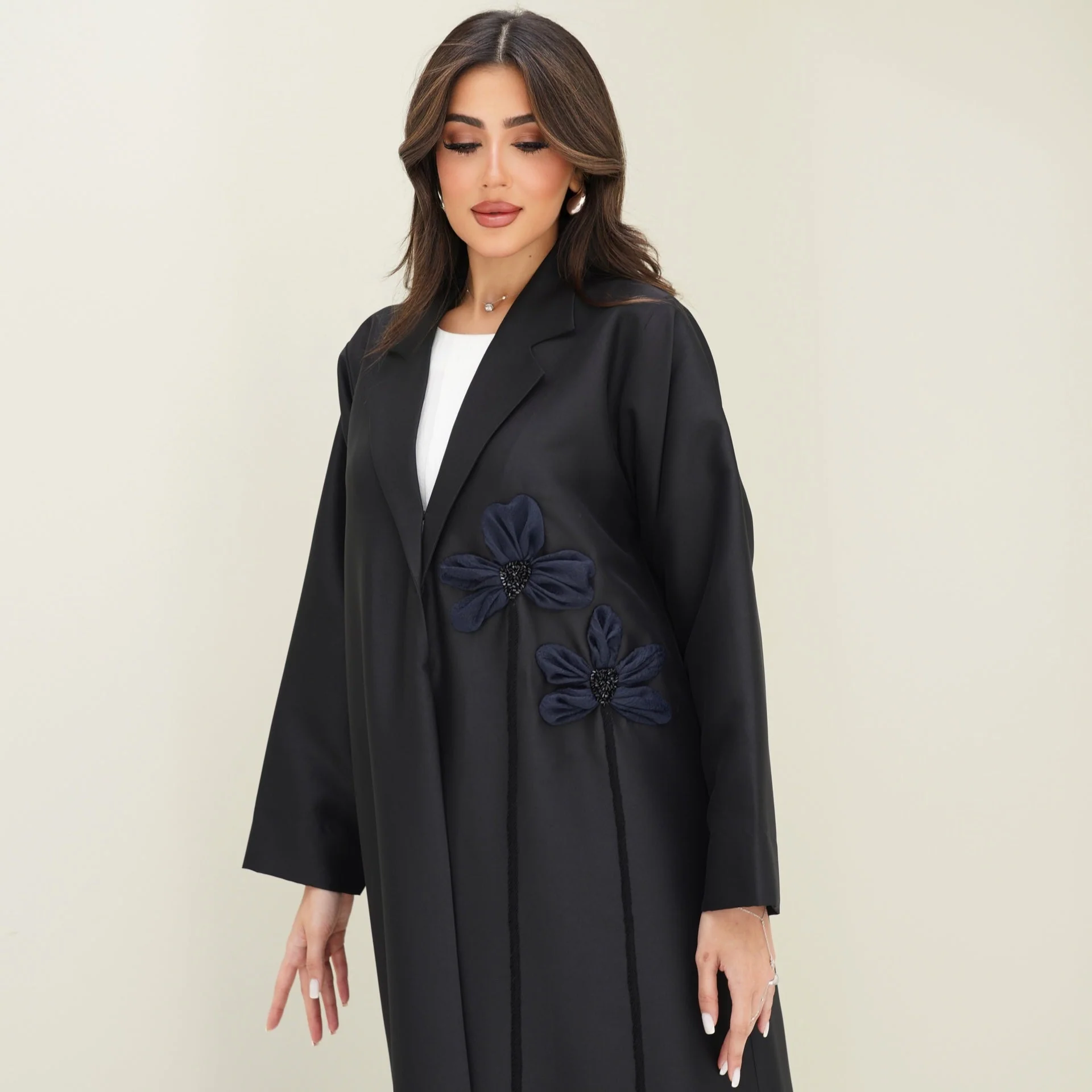 C 0761 Black Floral Coat Abaya - Image 5