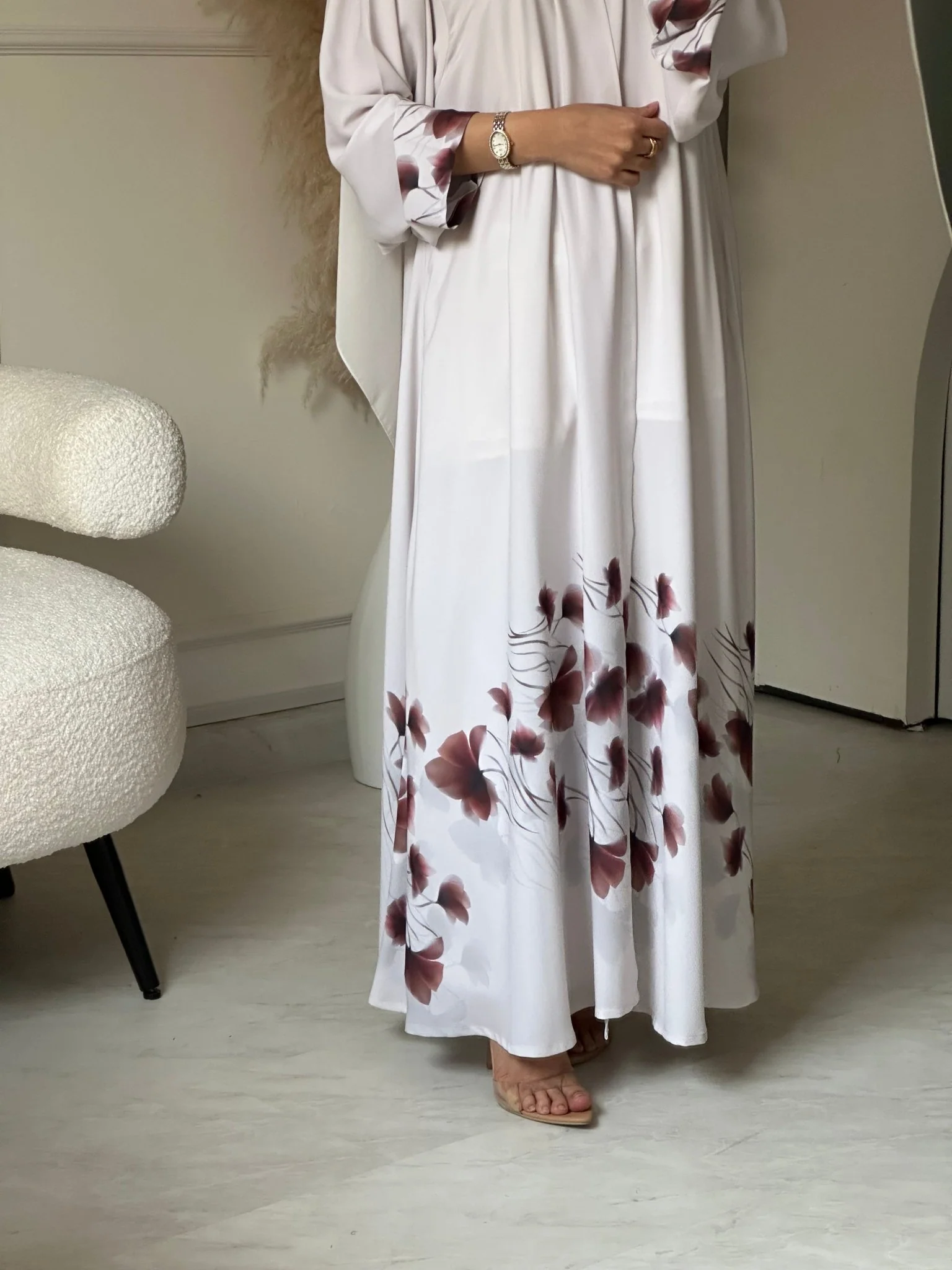 C 0784 Floral Off White Printed Abaya - Image 2
