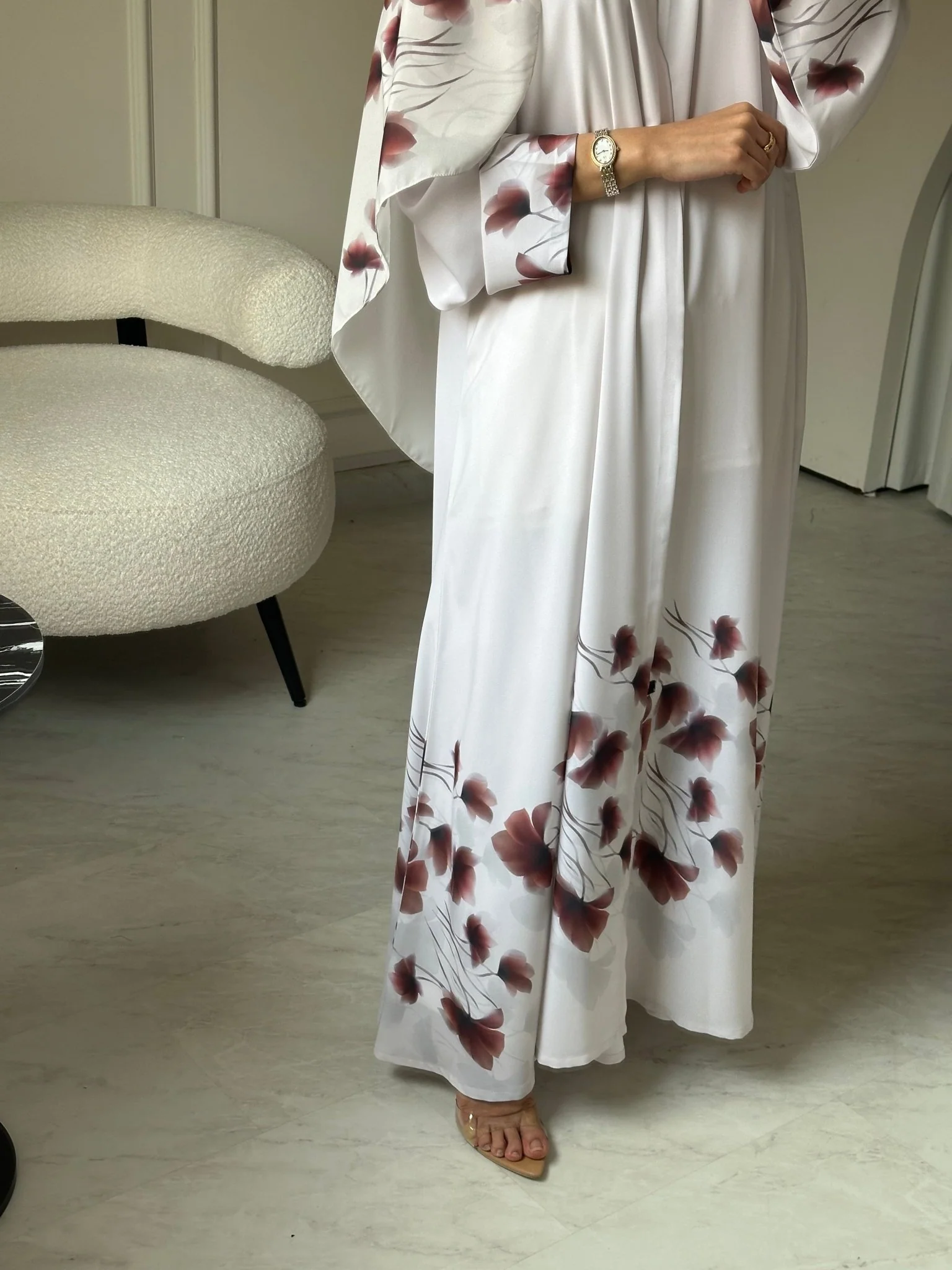 C 0784 Floral Off White Printed Abaya - Image 5
