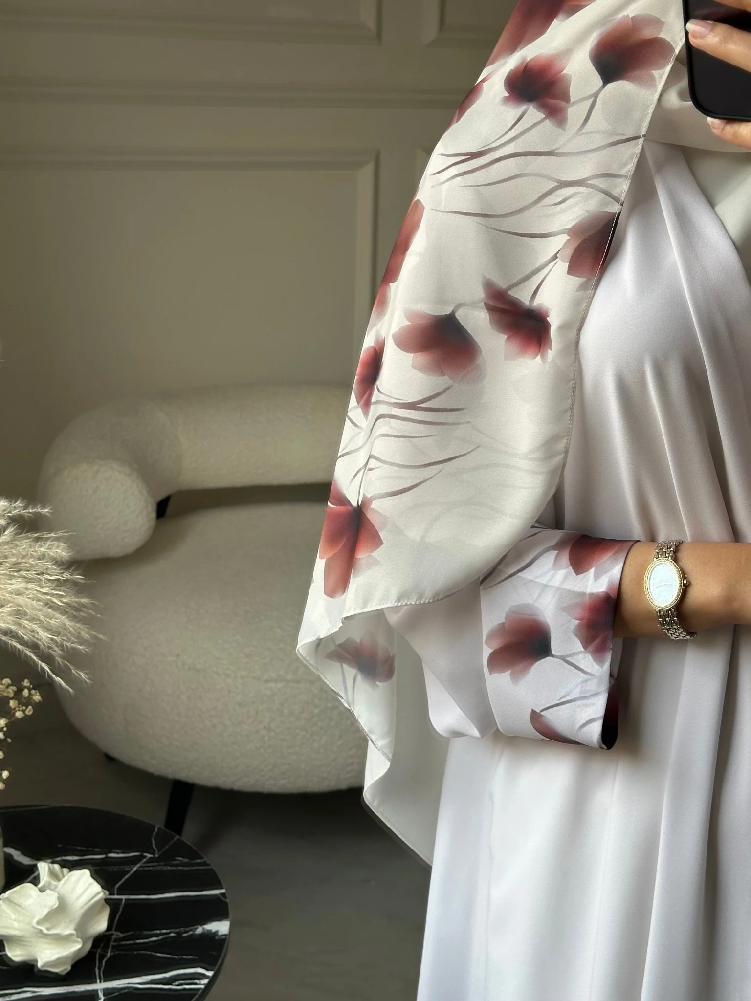 C 0784 Floral Off White Printed Abaya - Image 6