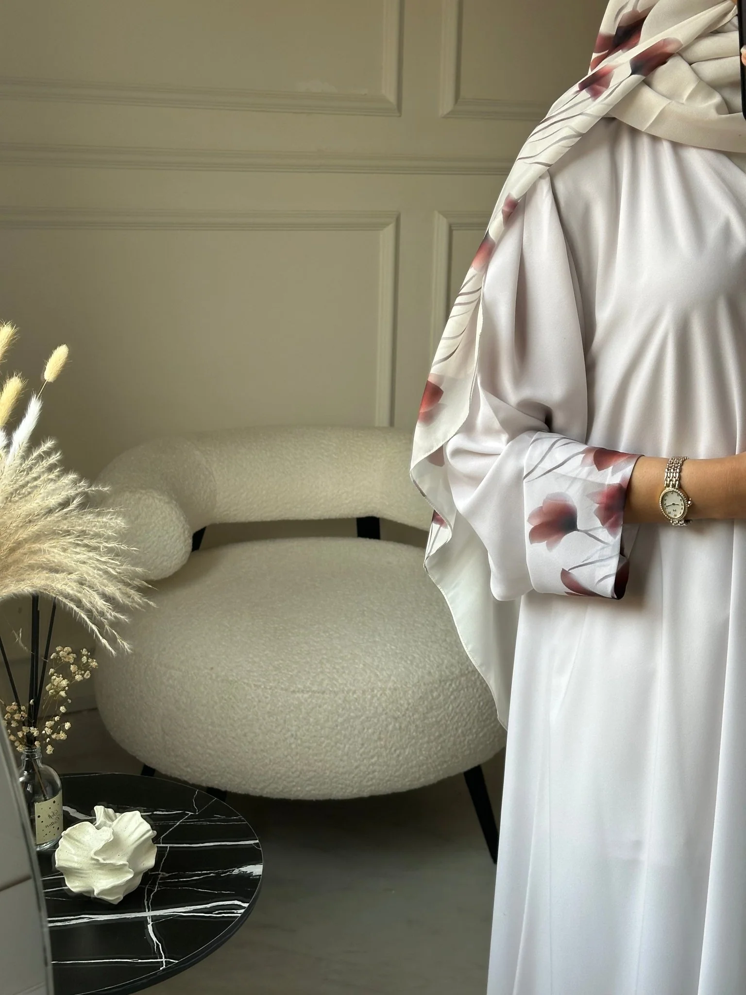 C 0784 Floral Off White Printed Abaya - Image 7