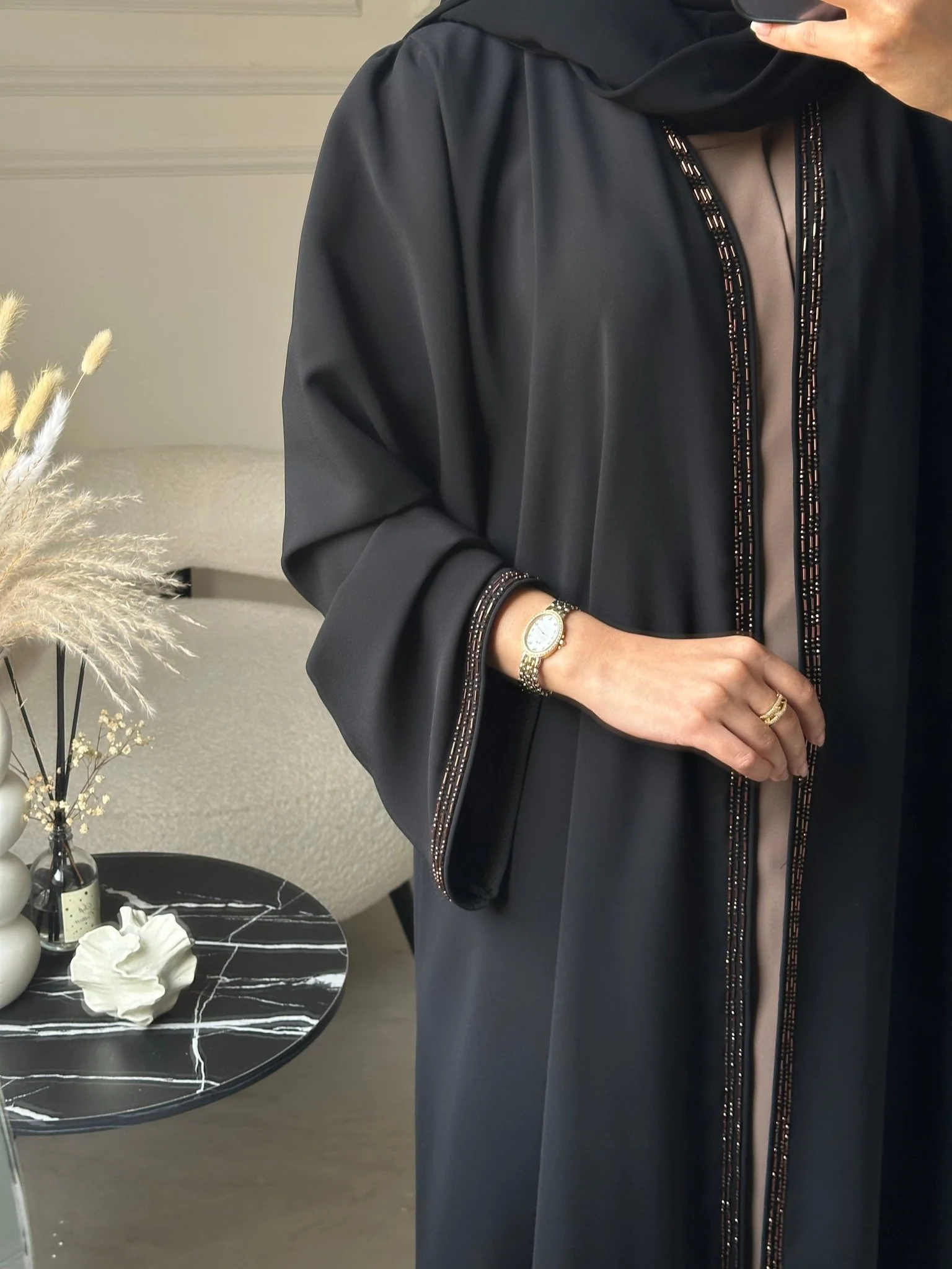 C 0795 Black Beaded Abaya - Image 3