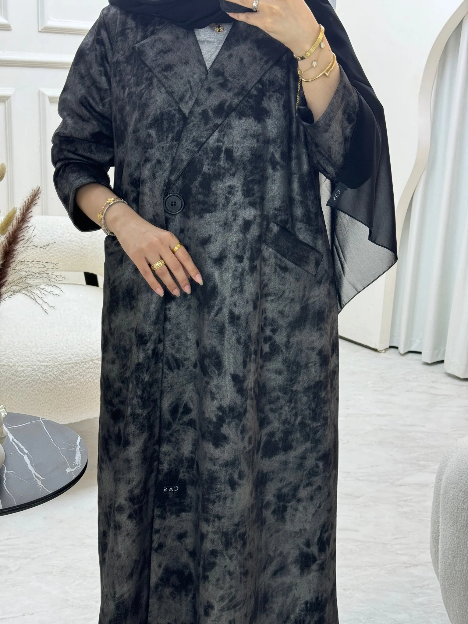 C 0817-01 Grey Printed Coat Abaya - Image 2
