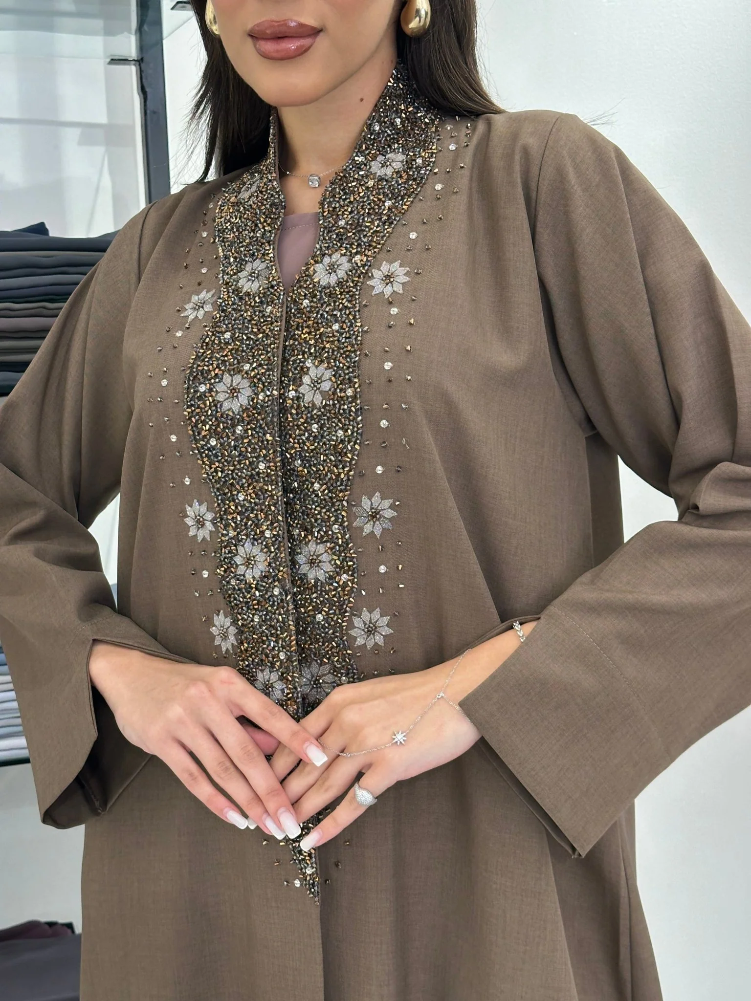 C 0830 Nude Beaded Abaya - Image 2