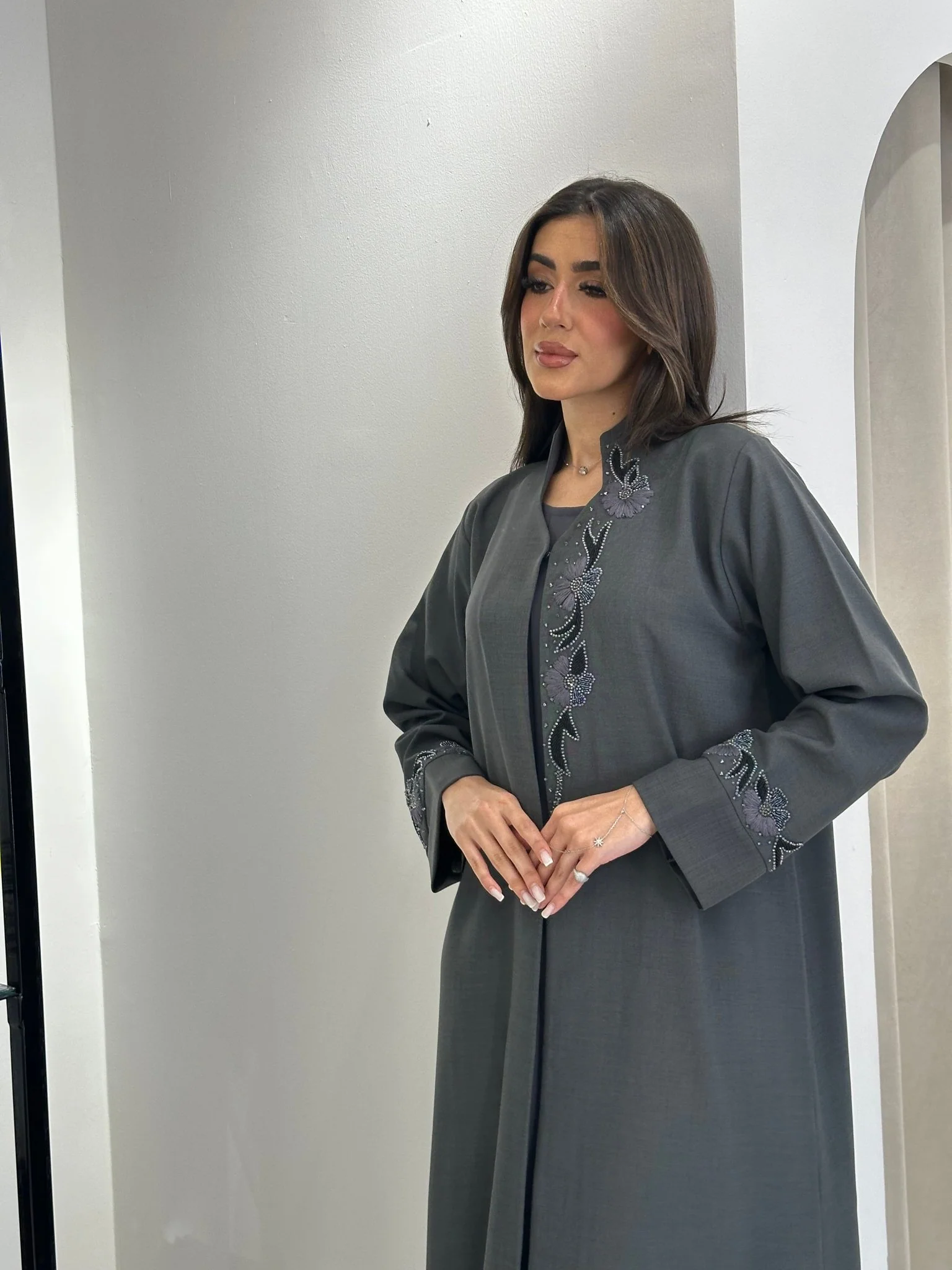 C 0832 Grey Embroidered Abaya - Image 6