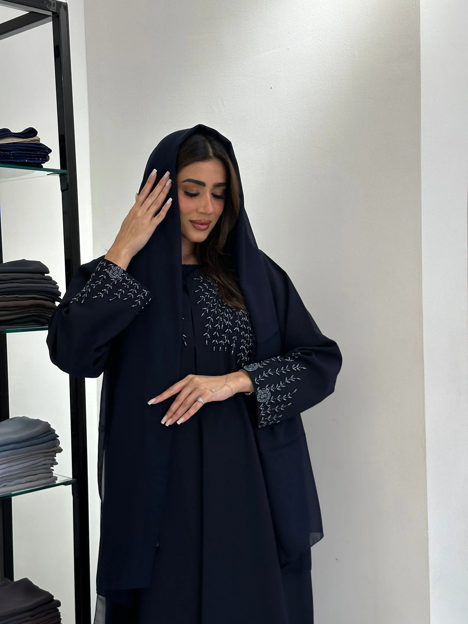 C 0834 Navy Blue Beaded Abaya - Image 9