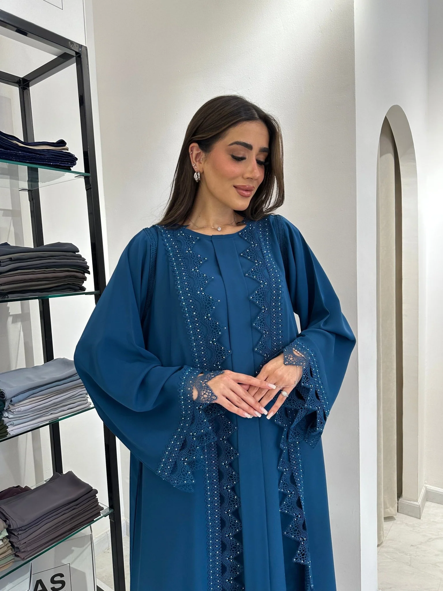 C 0837 Teal Lace Abaya - Image 2