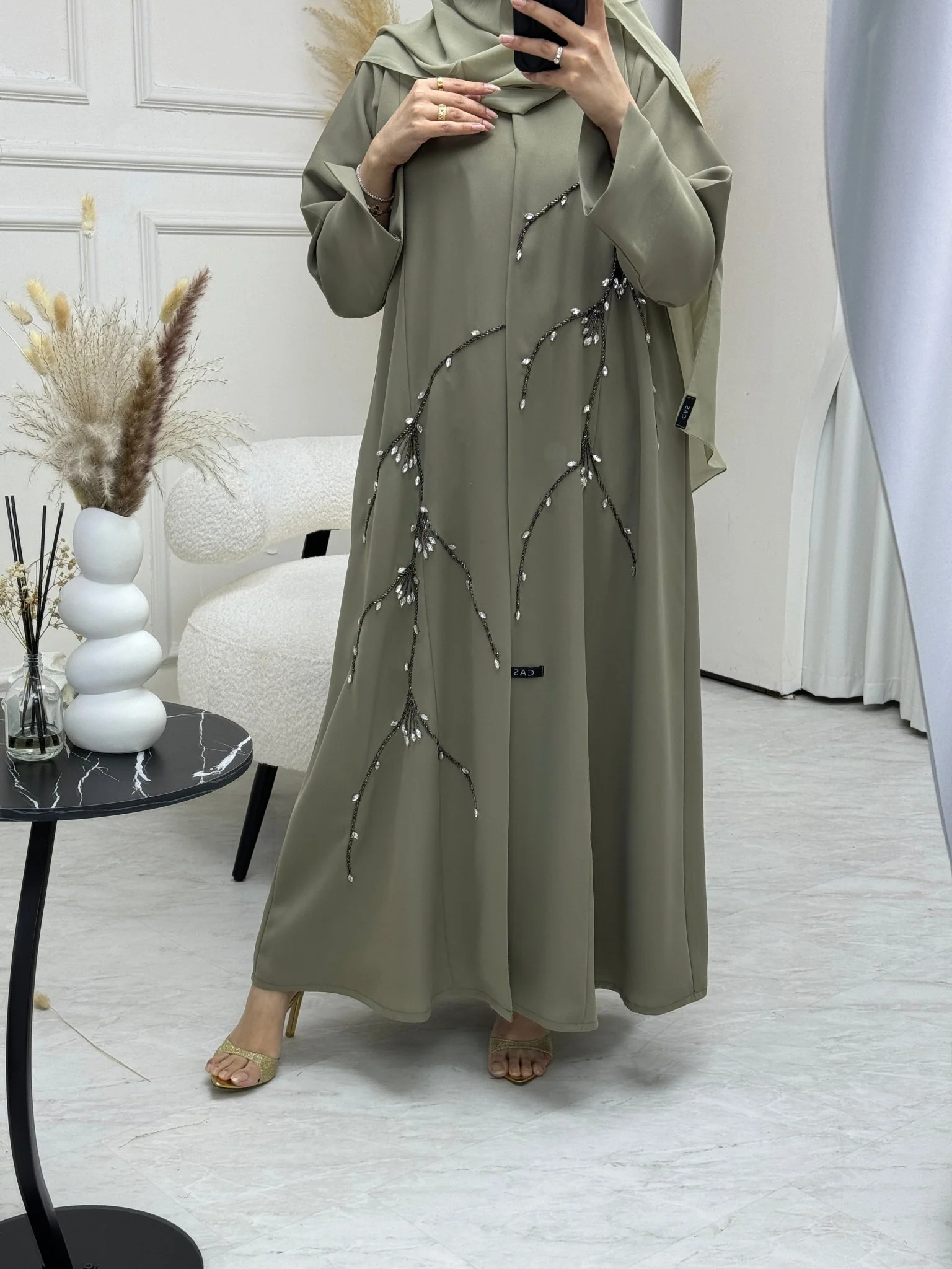 C 0845 Green Beaded Abaya - Image 5
