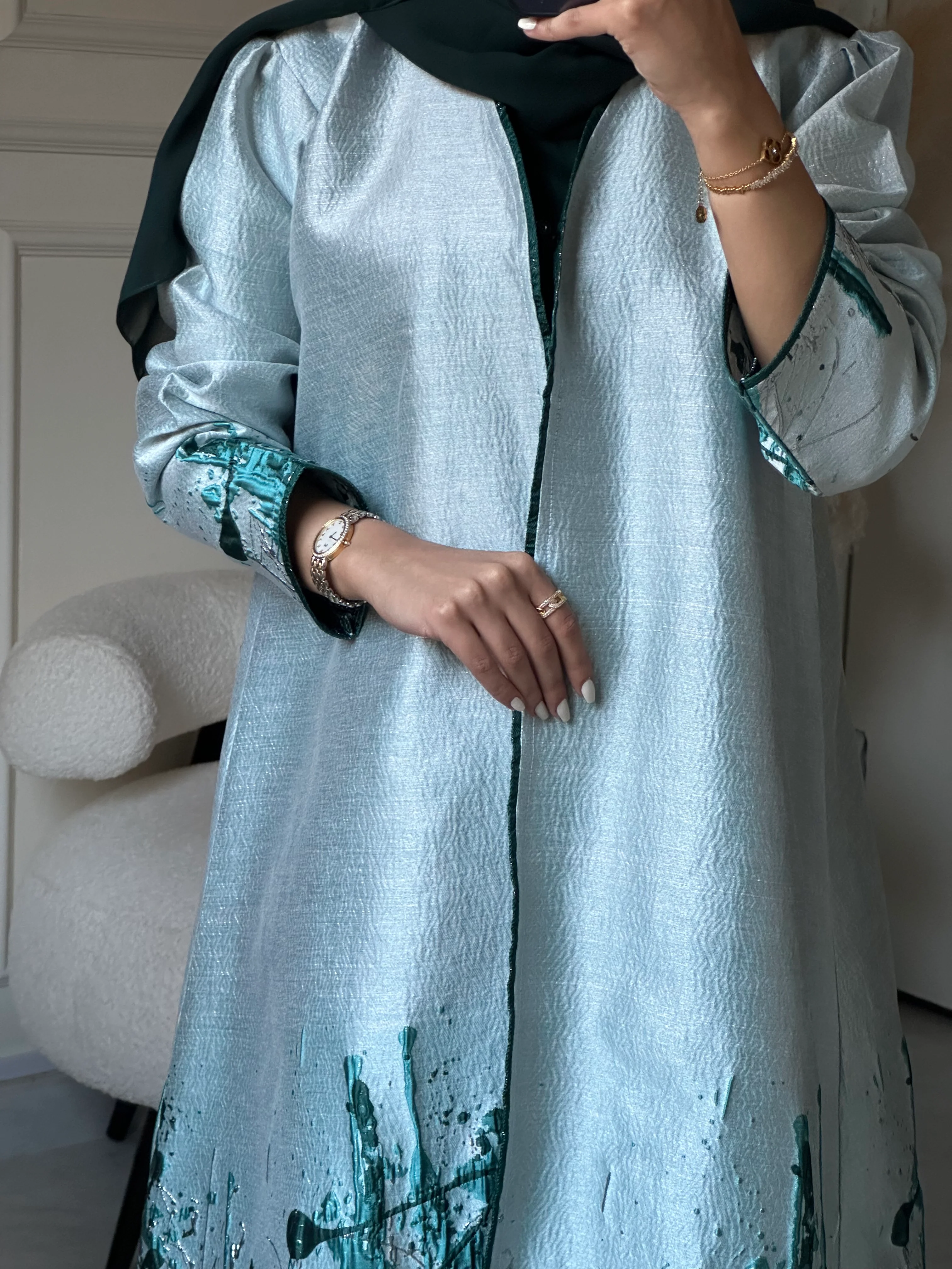 C 0856-02 Green Printed Abaya - Image 3