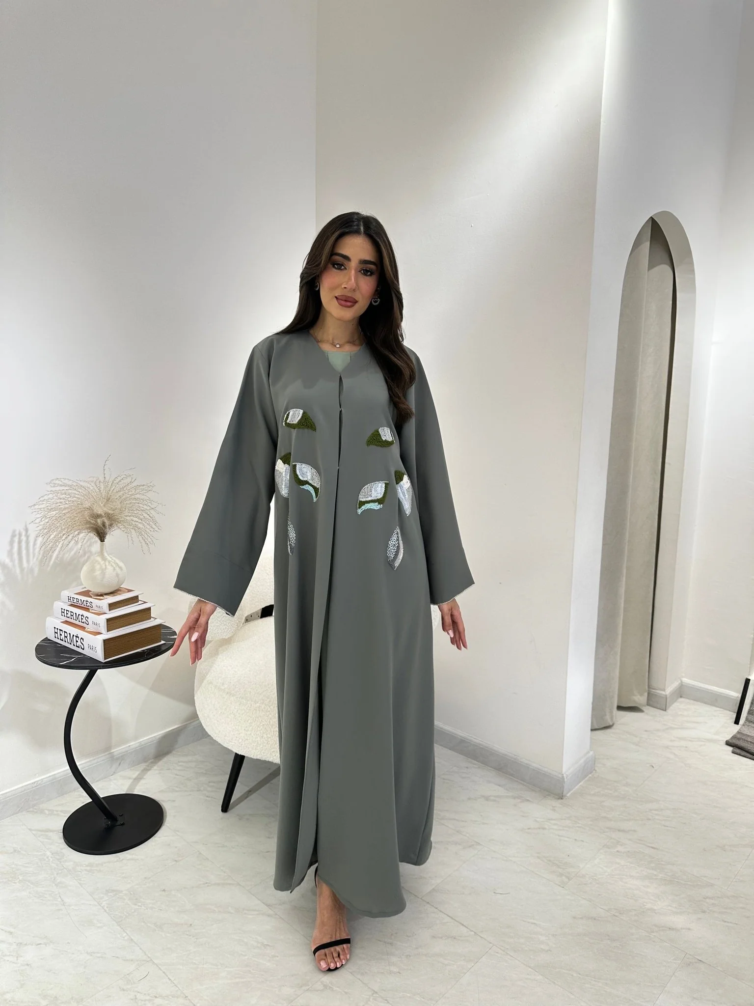 C 0876 Green Embroidered Eid Abaya - Image 4