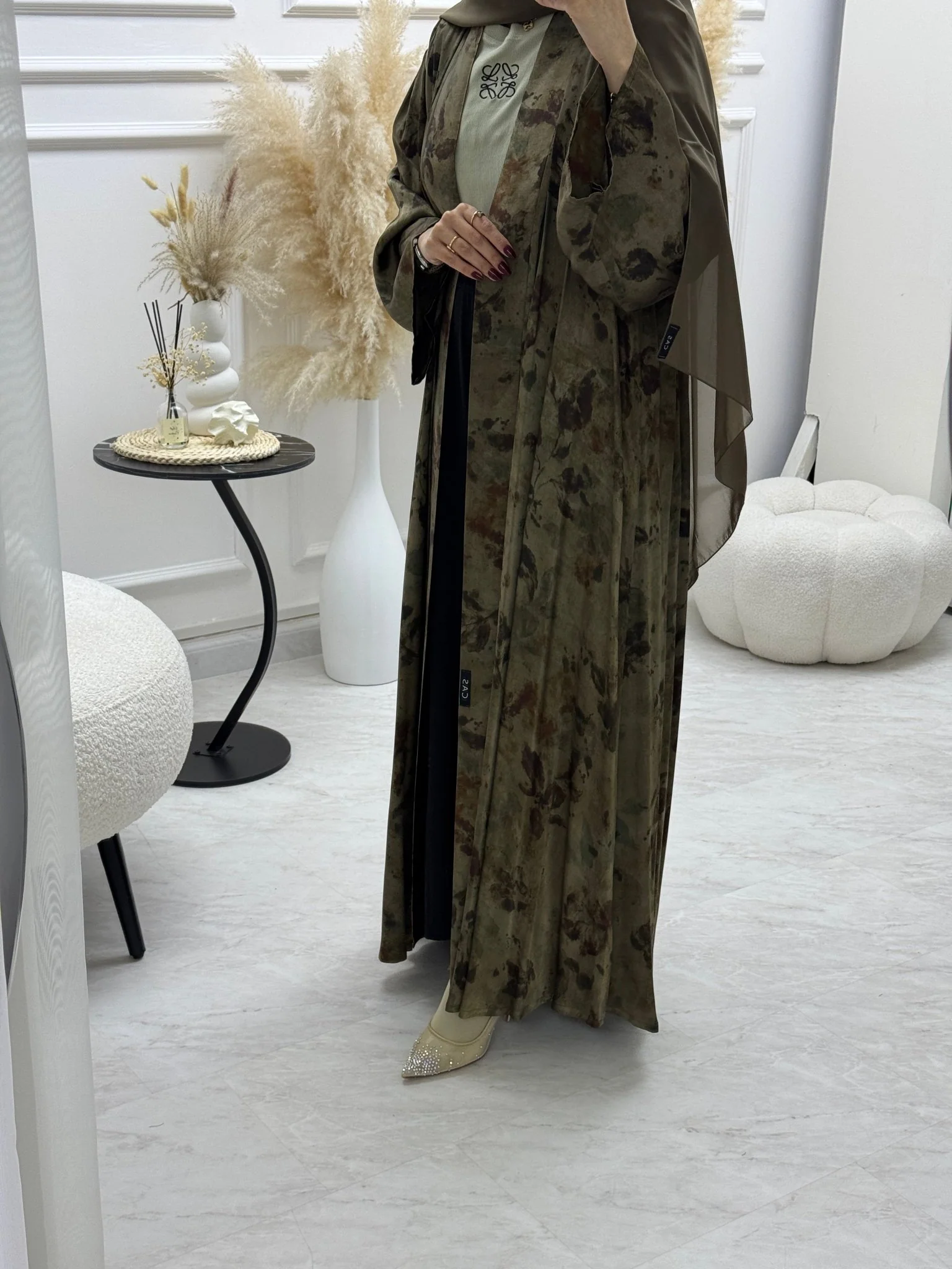 C 1002-01 Dull Gold Printed Abaya - Image 5