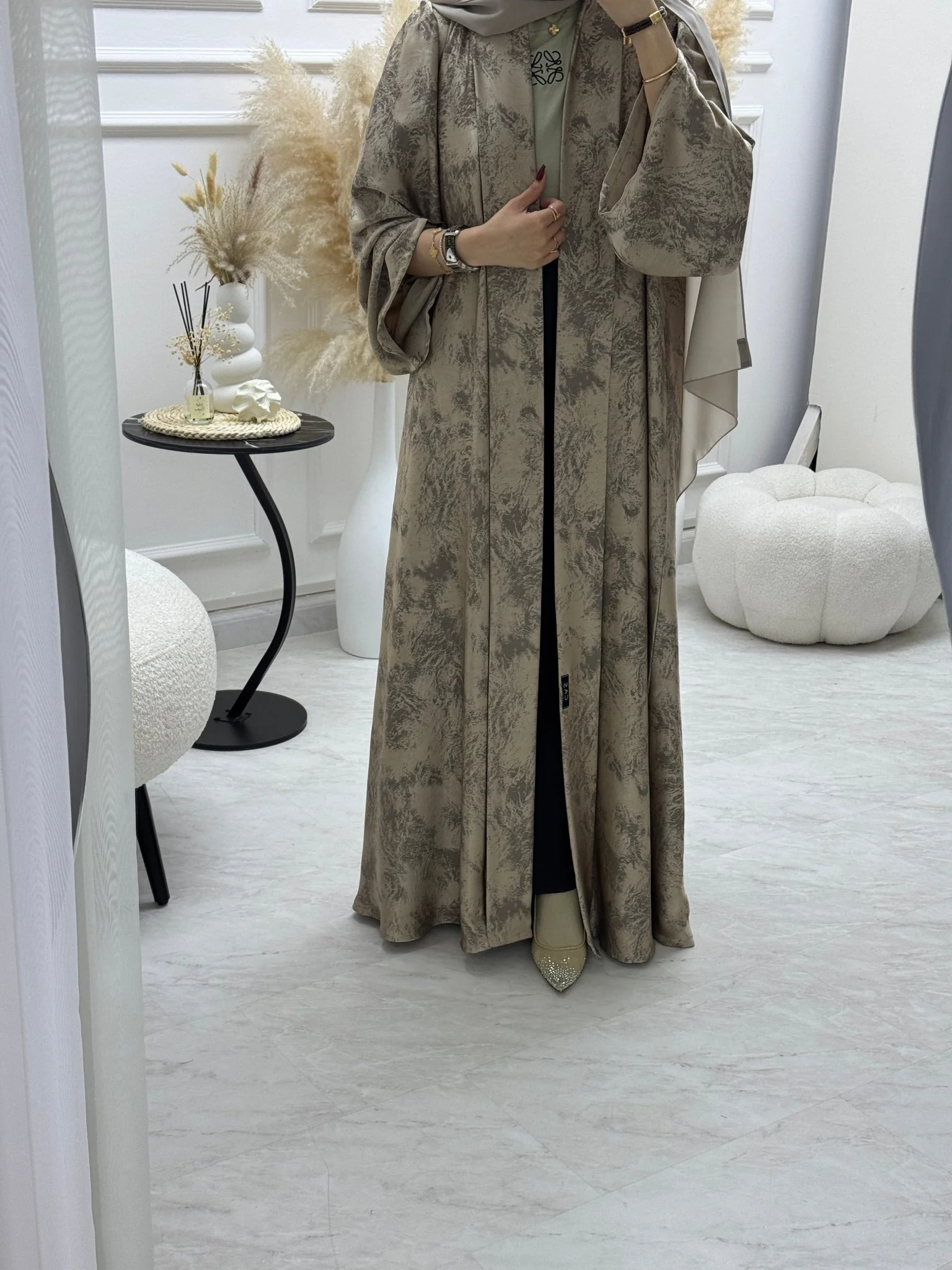 C 1004-03 Beige Printed Abaya - Image 2