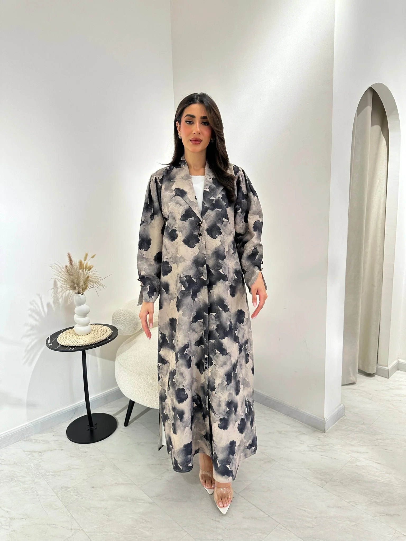 C 1025 Beige Black Printed Abaya - Image 3