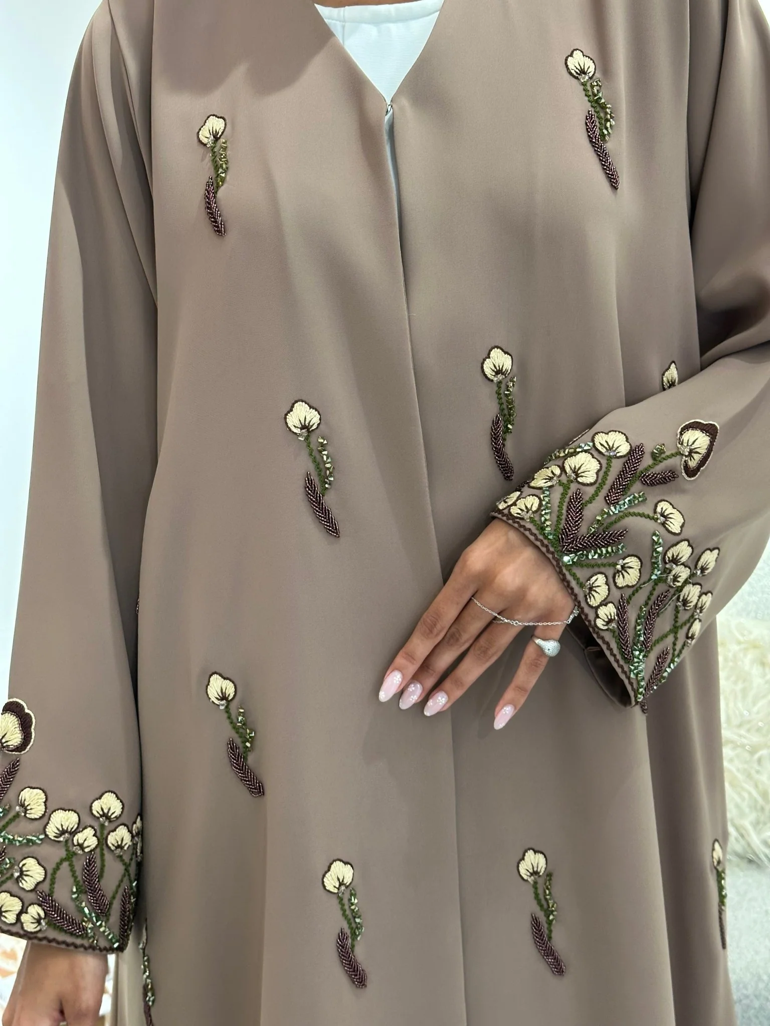 C 1049 Beige Beaded Abaya - Image 3