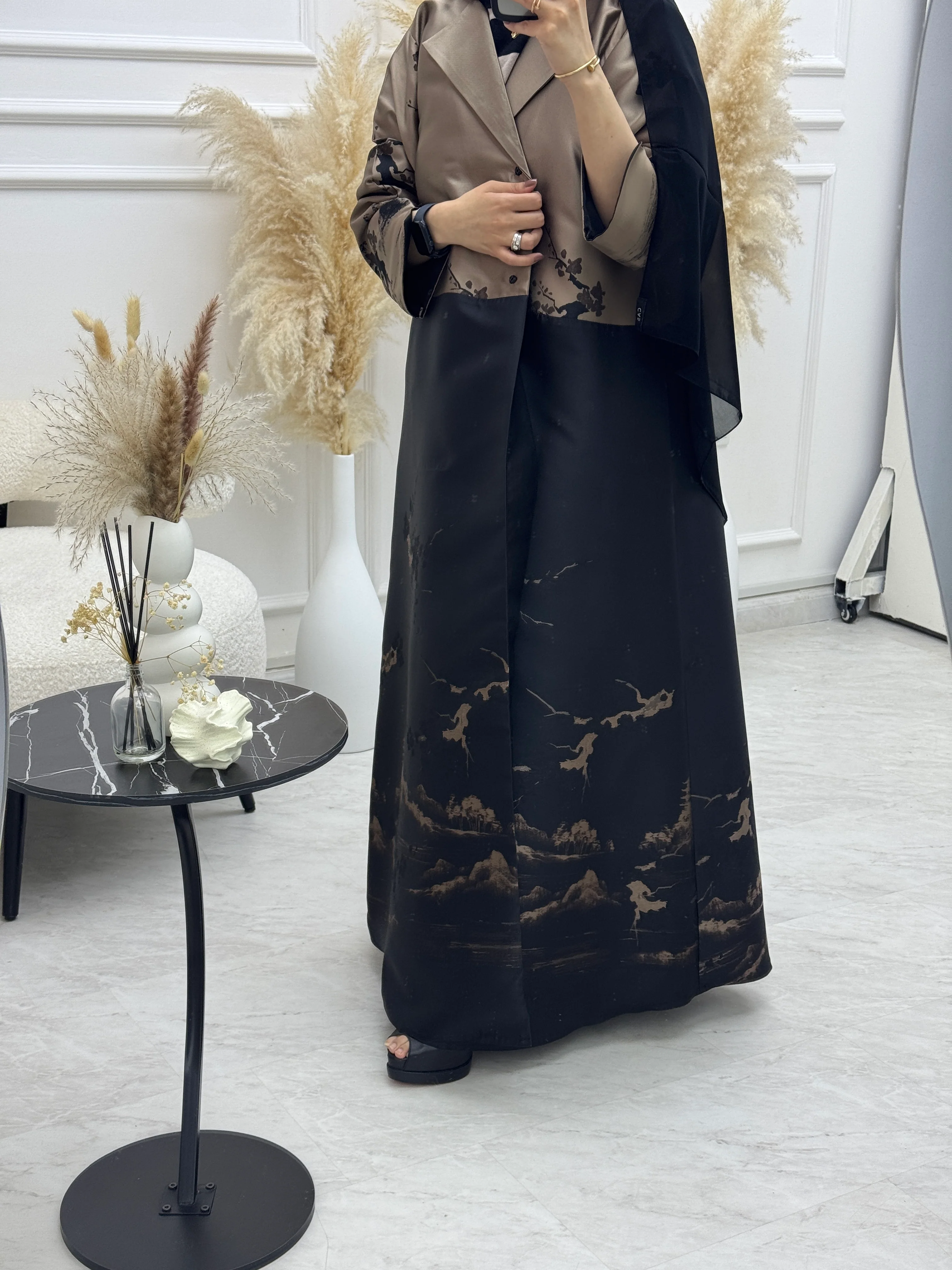 C 1090-01 Brown Printed Coat Abaya - Image 4