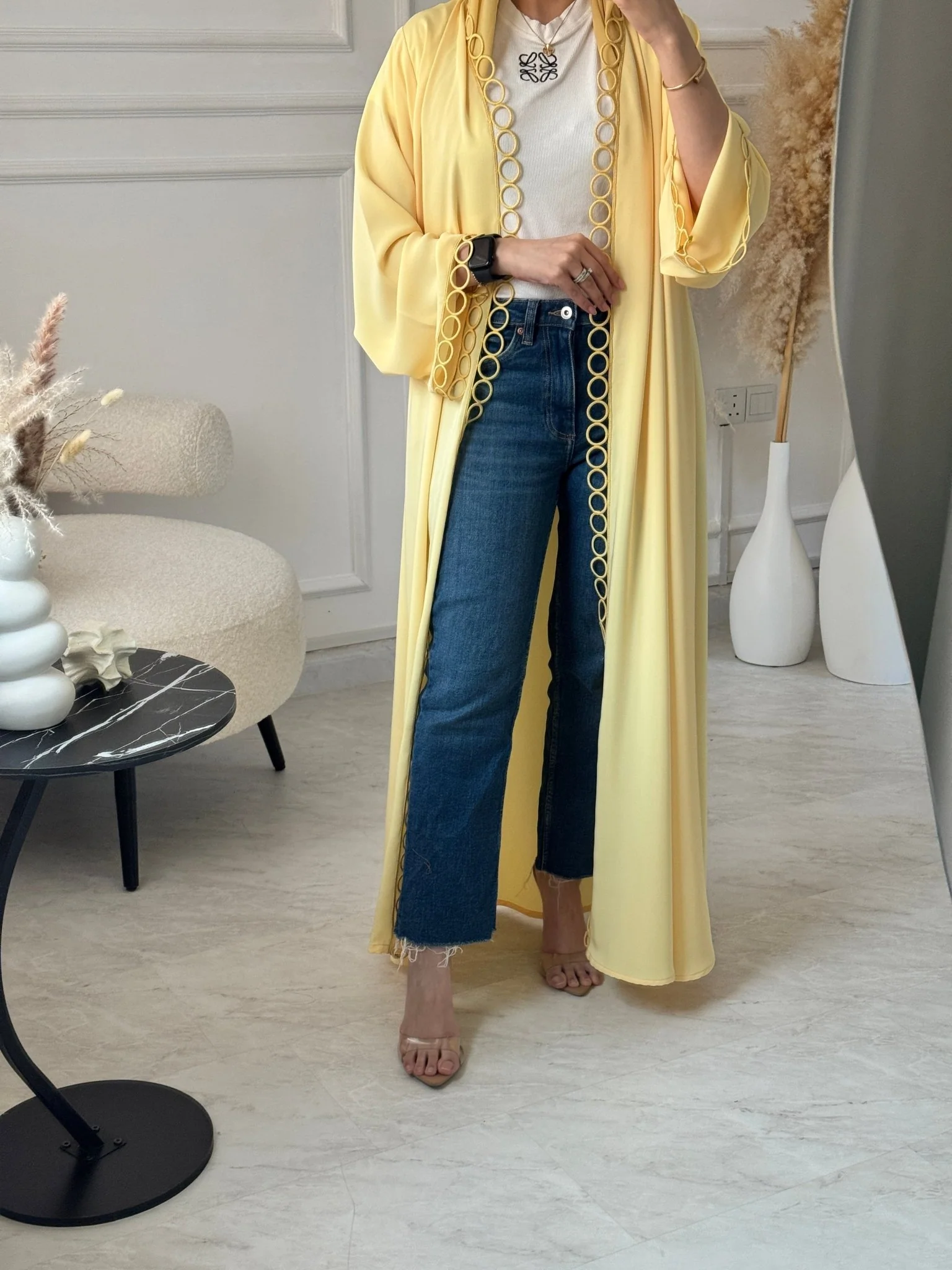 C 1131 Butter Yellow Lace Abaya - Image 3