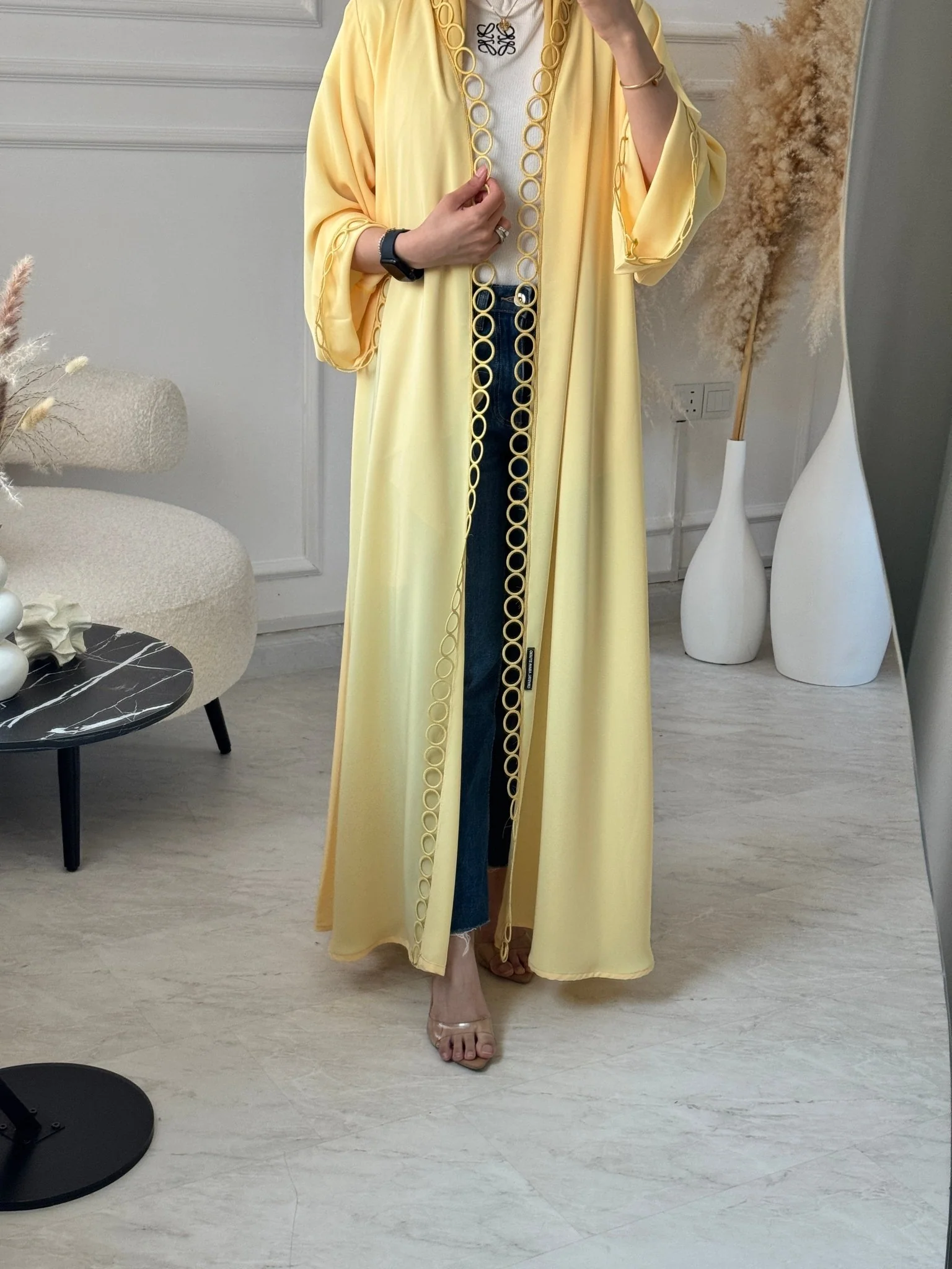 C 1131 Butter Yellow Lace Abaya - Image 4