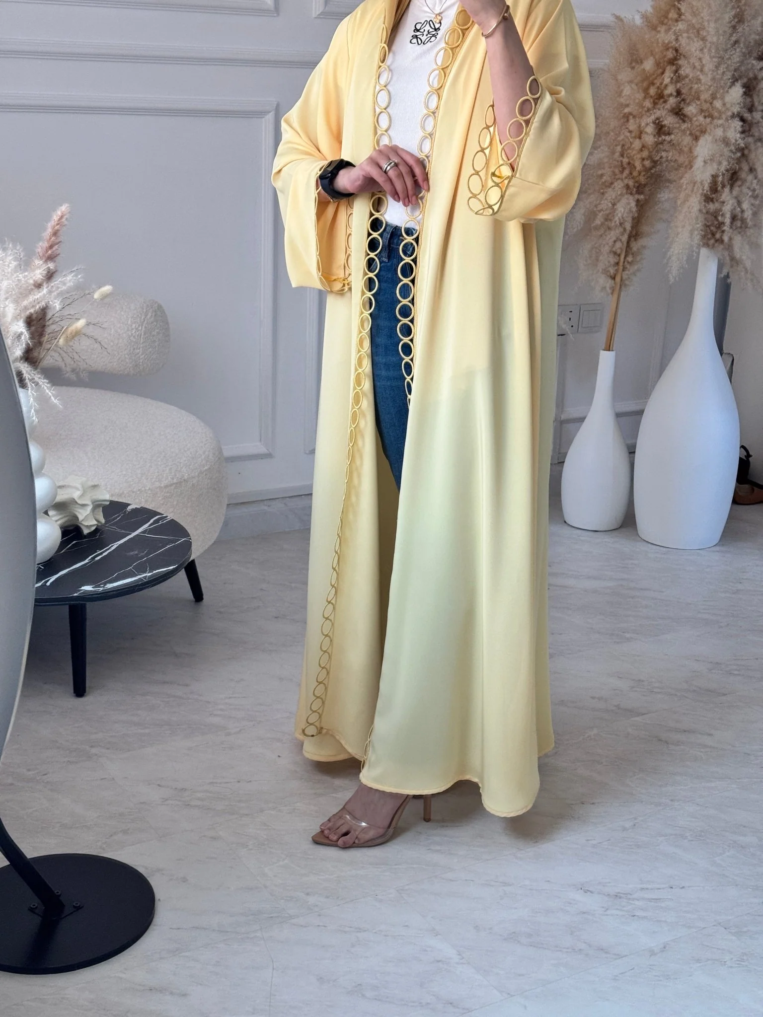 C 1131 Butter Yellow Lace Abaya - Image 5