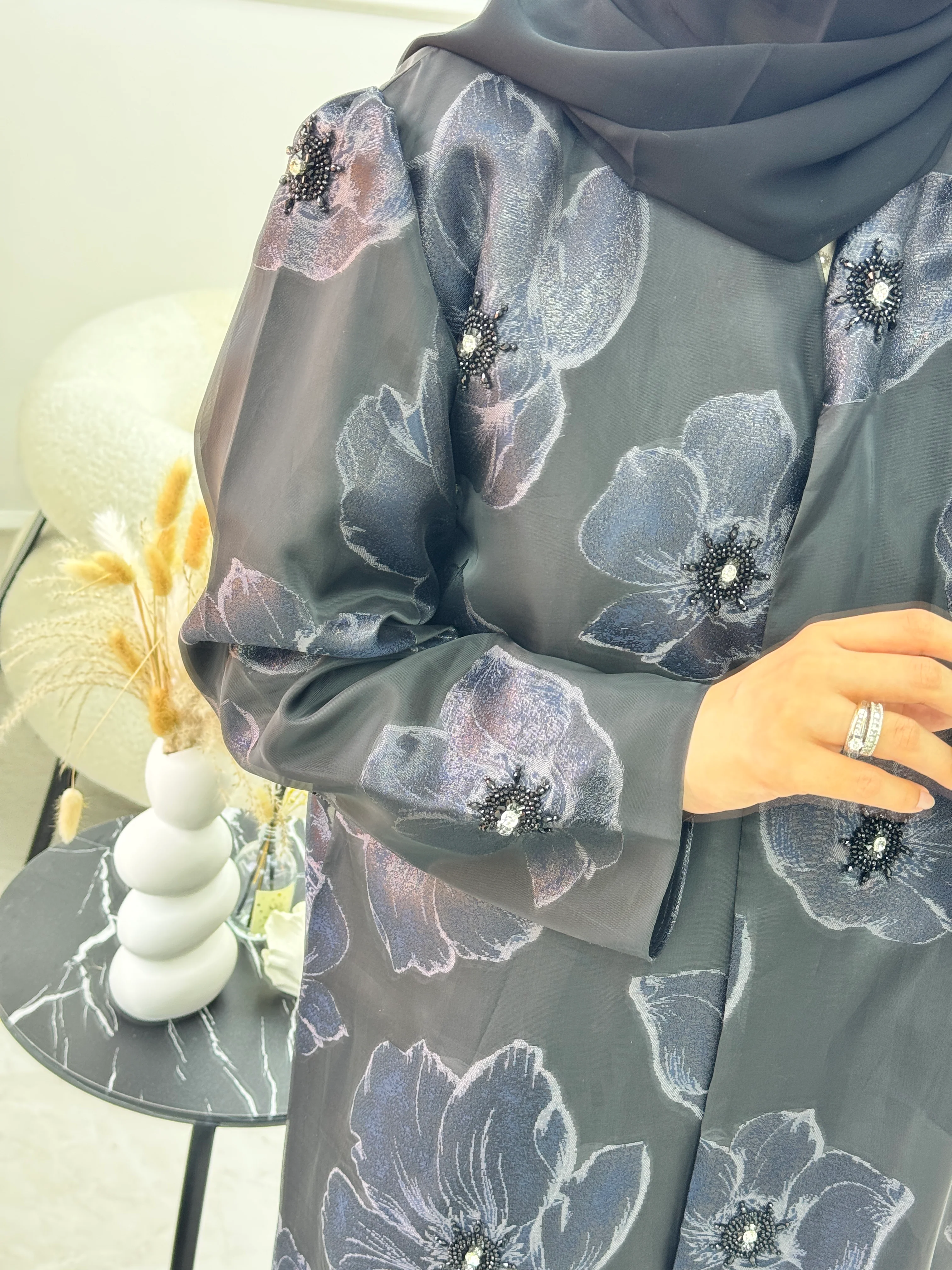 C 1135 Black Blue Organza Abaya - Image 2