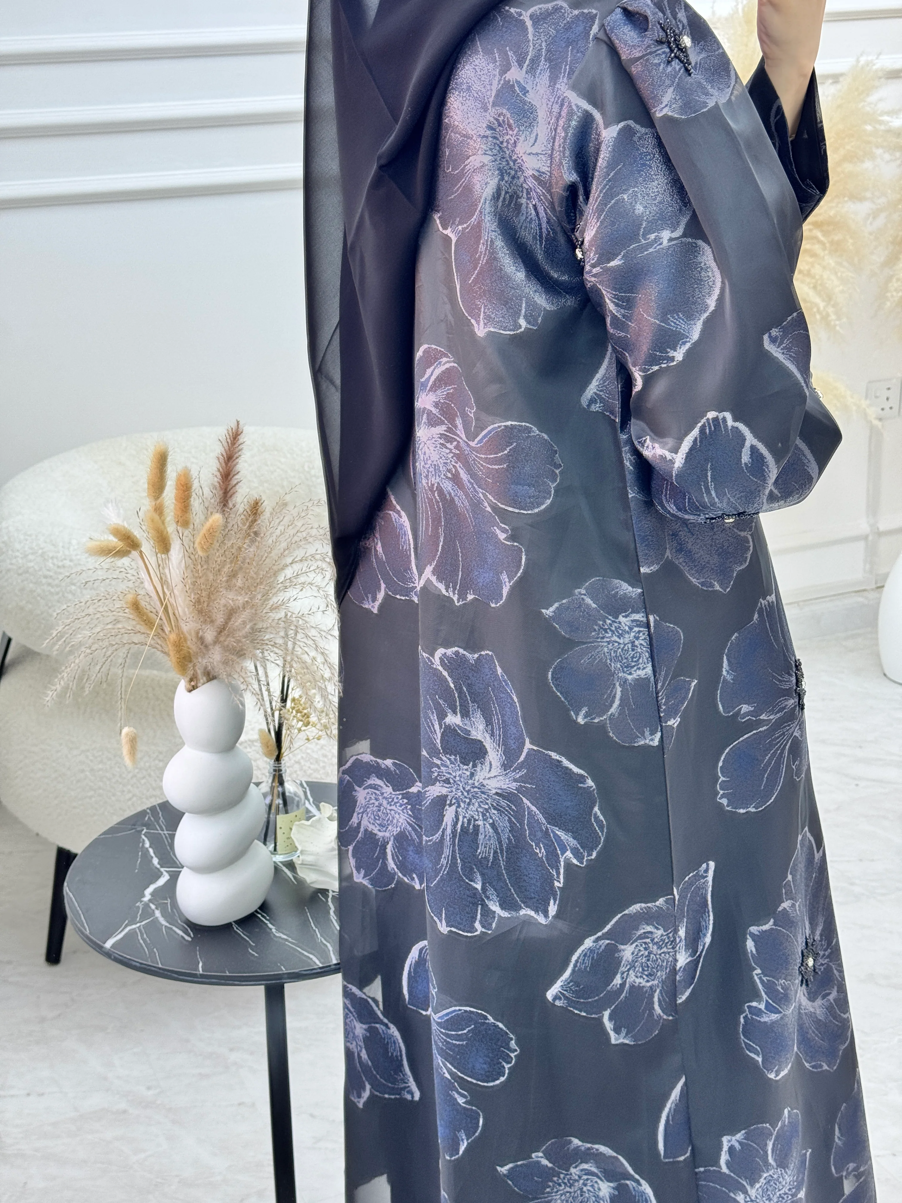 C 1135 Black Blue Organza Abaya - Image 3