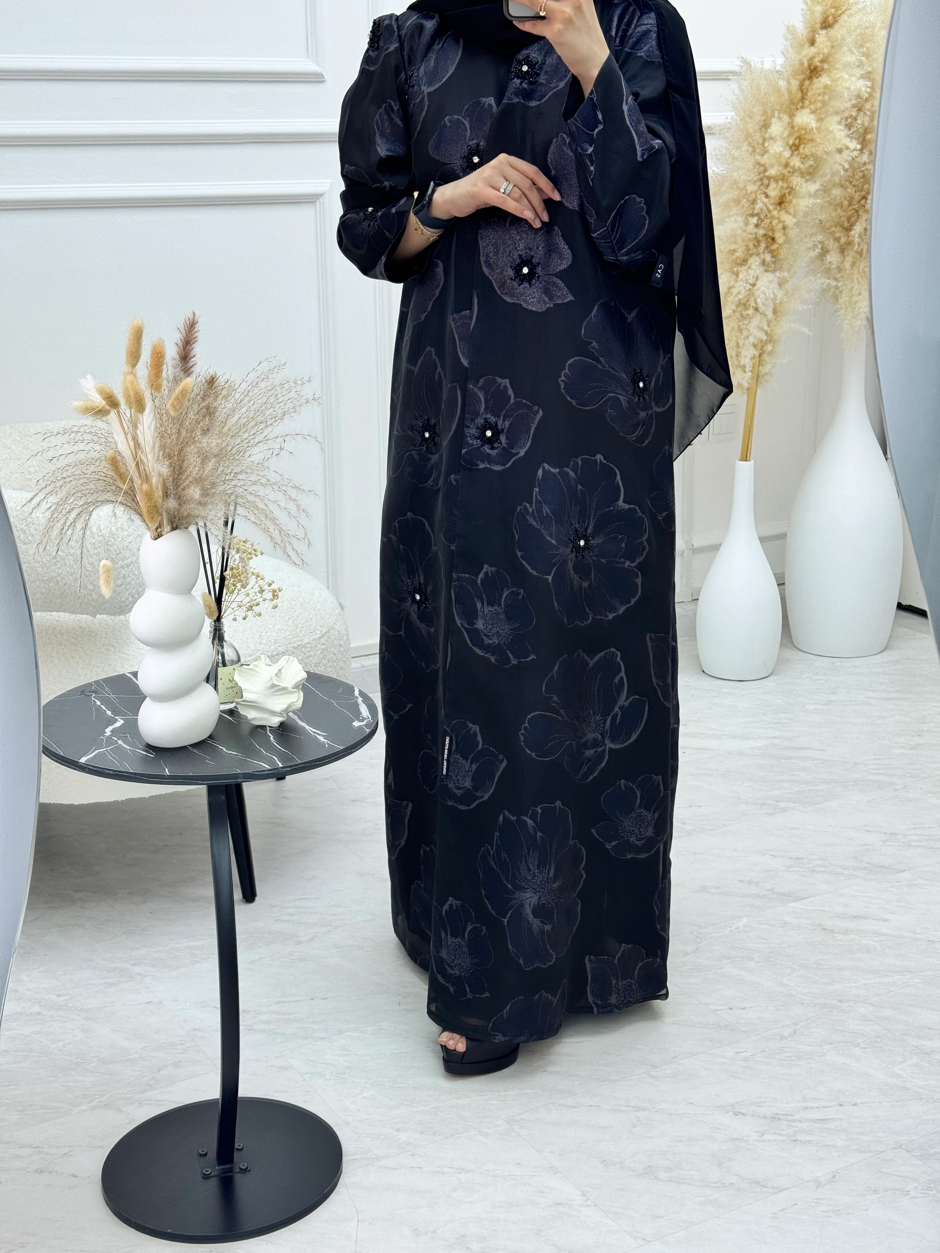 C 1135 Black Blue Organza Abaya - Image 4