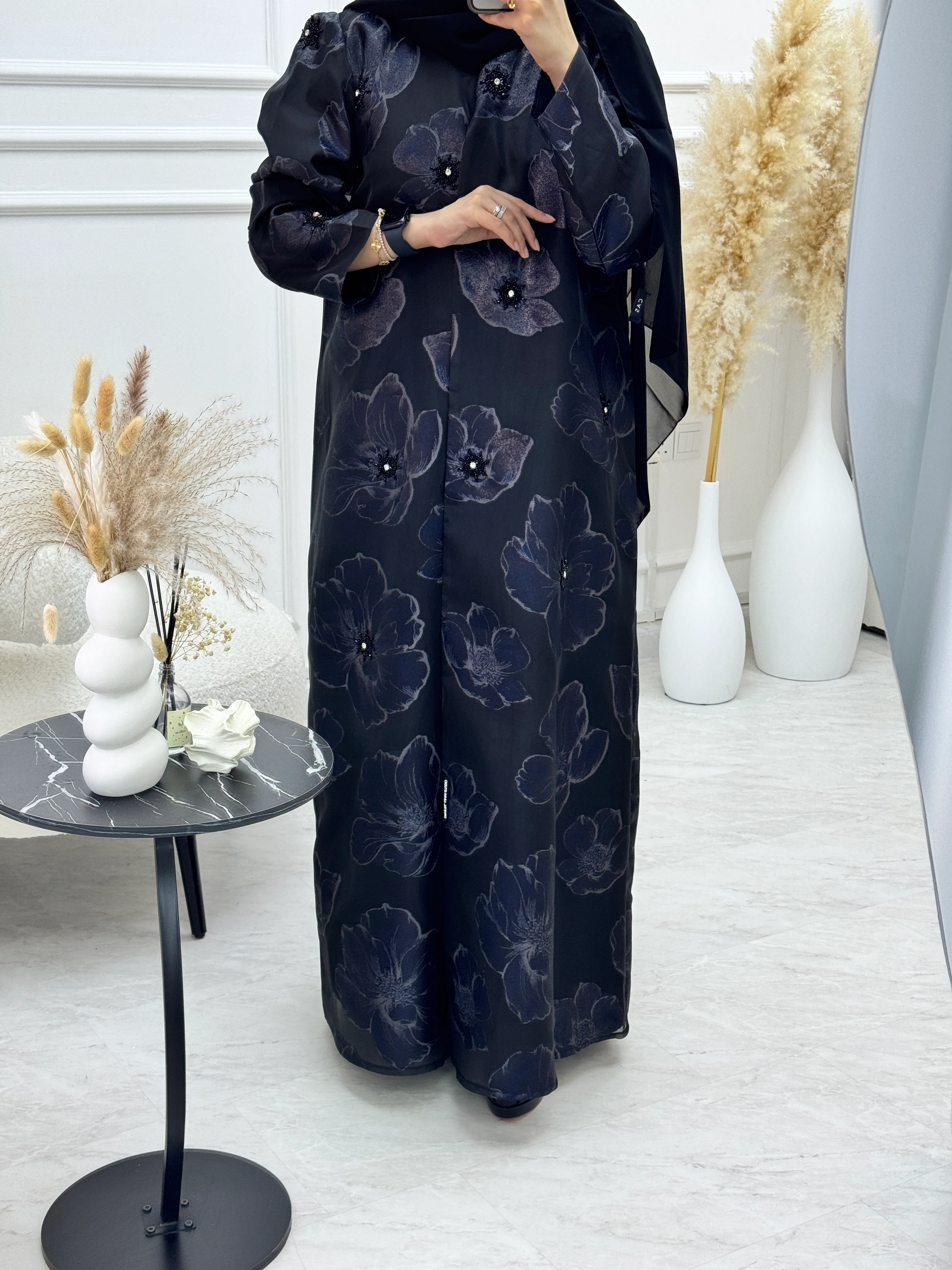 C 1135 Black Blue Organza Abaya - Image 5