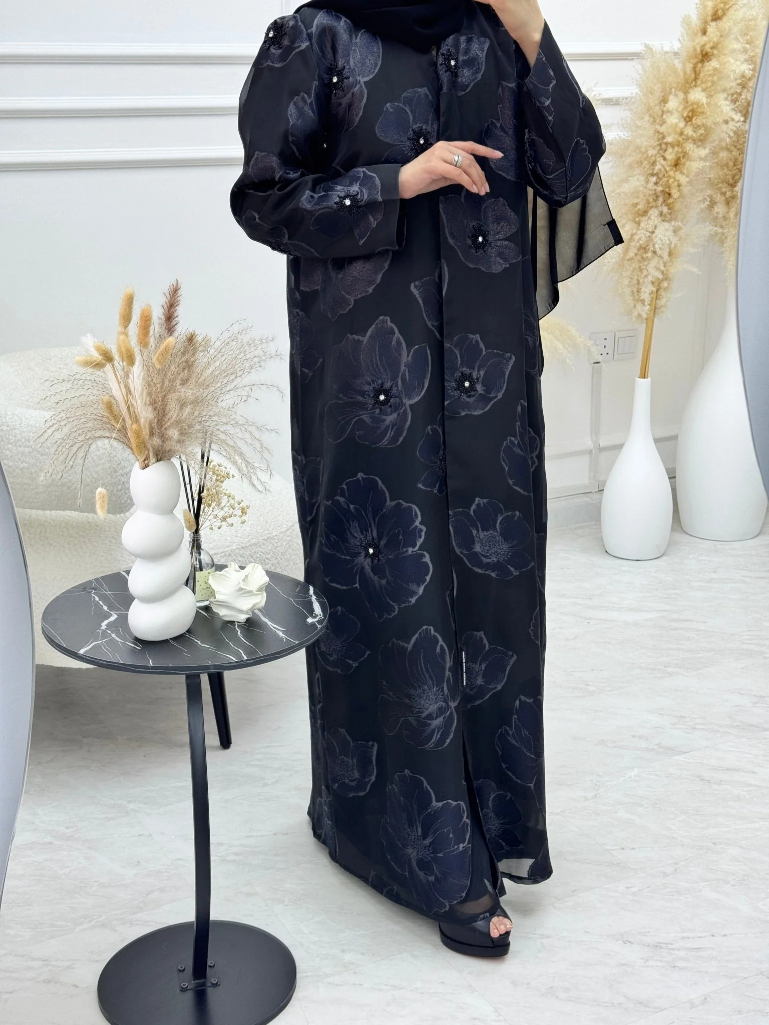 C 1135 Black Blue Organza Abaya - Image 6