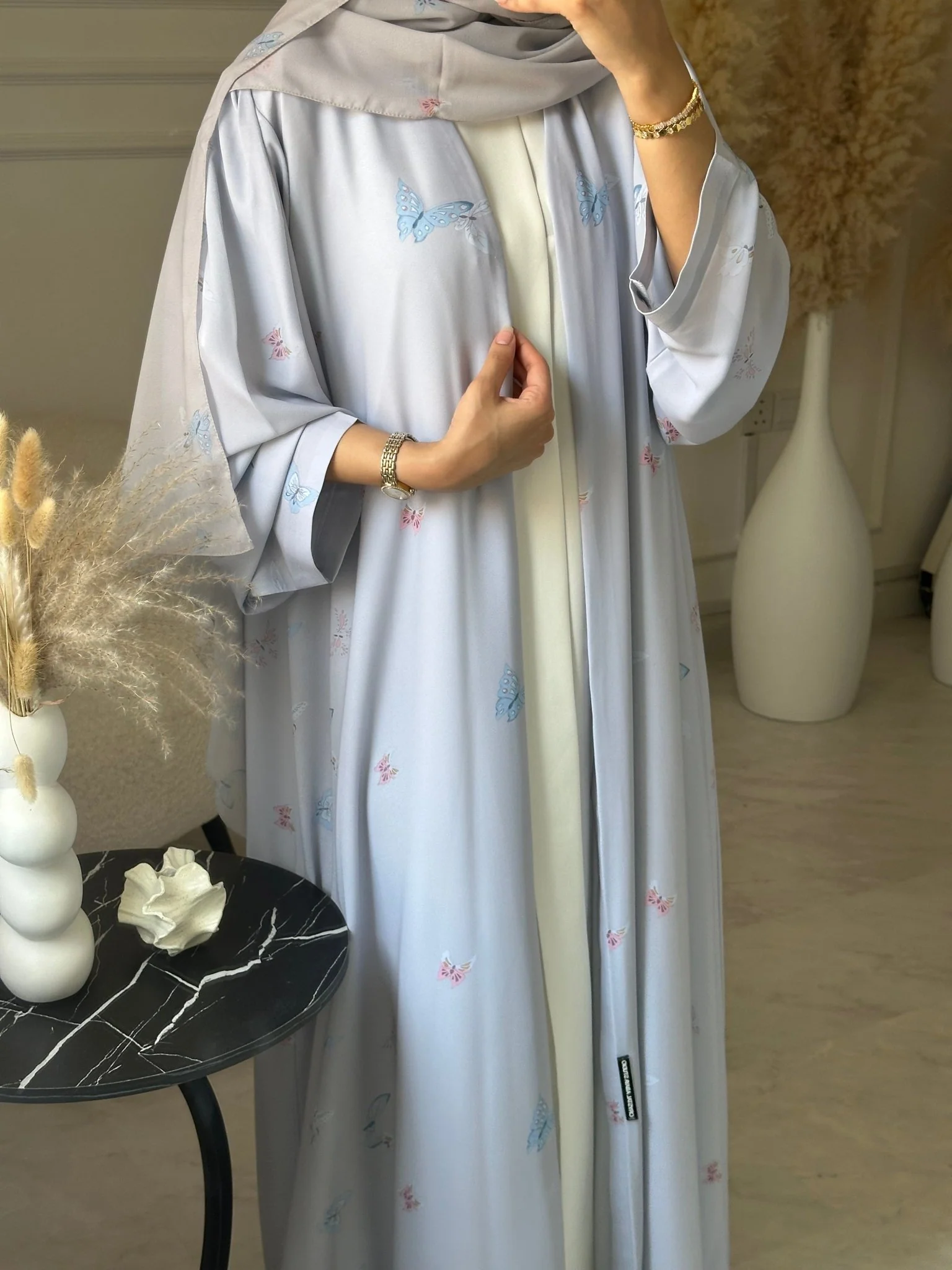 C 1205 Baby Blue Printed Abaya - Image 3