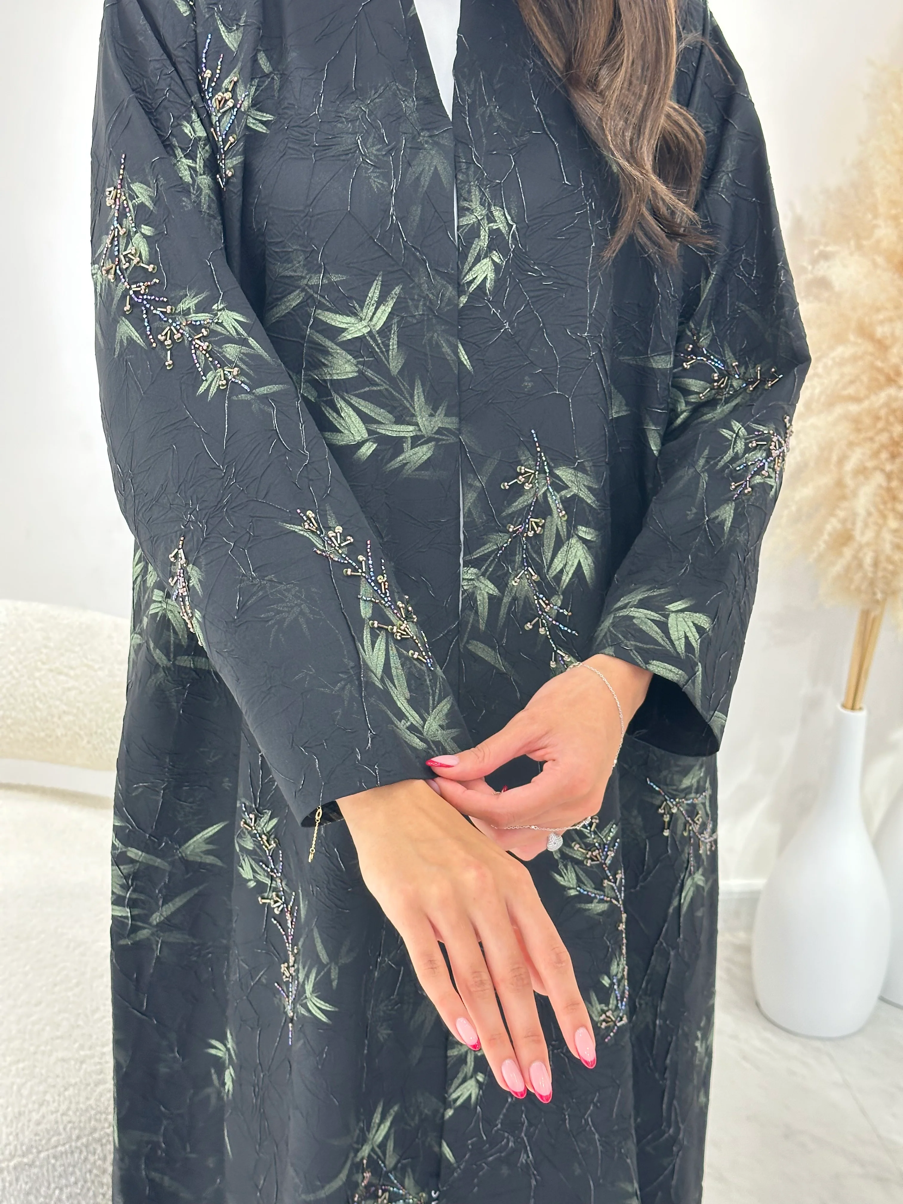 C 1266 Forest Green Beaded Abaya - Image 3