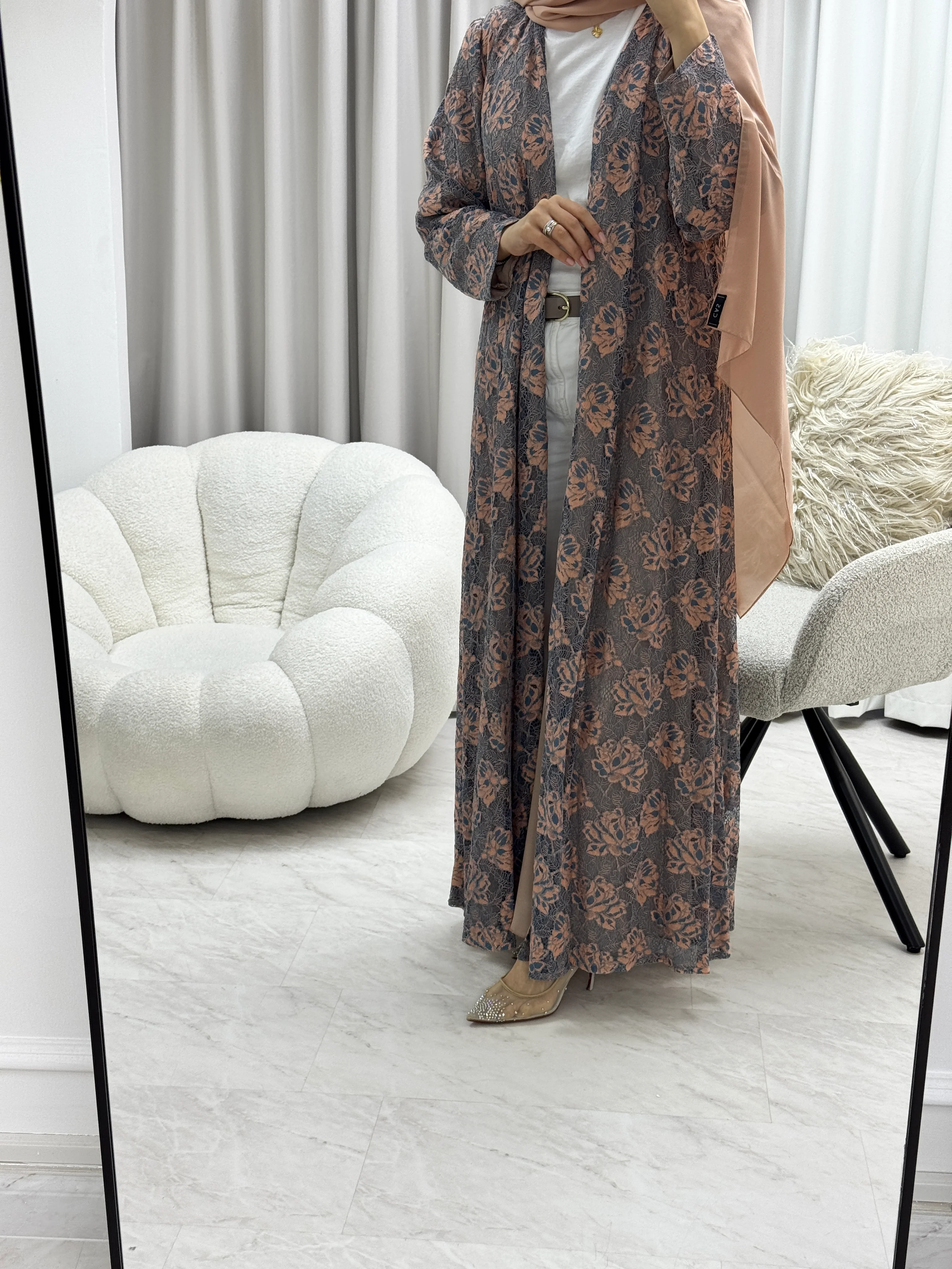 C 1278-01 Pink Brown Dantel Abaya - Image 5