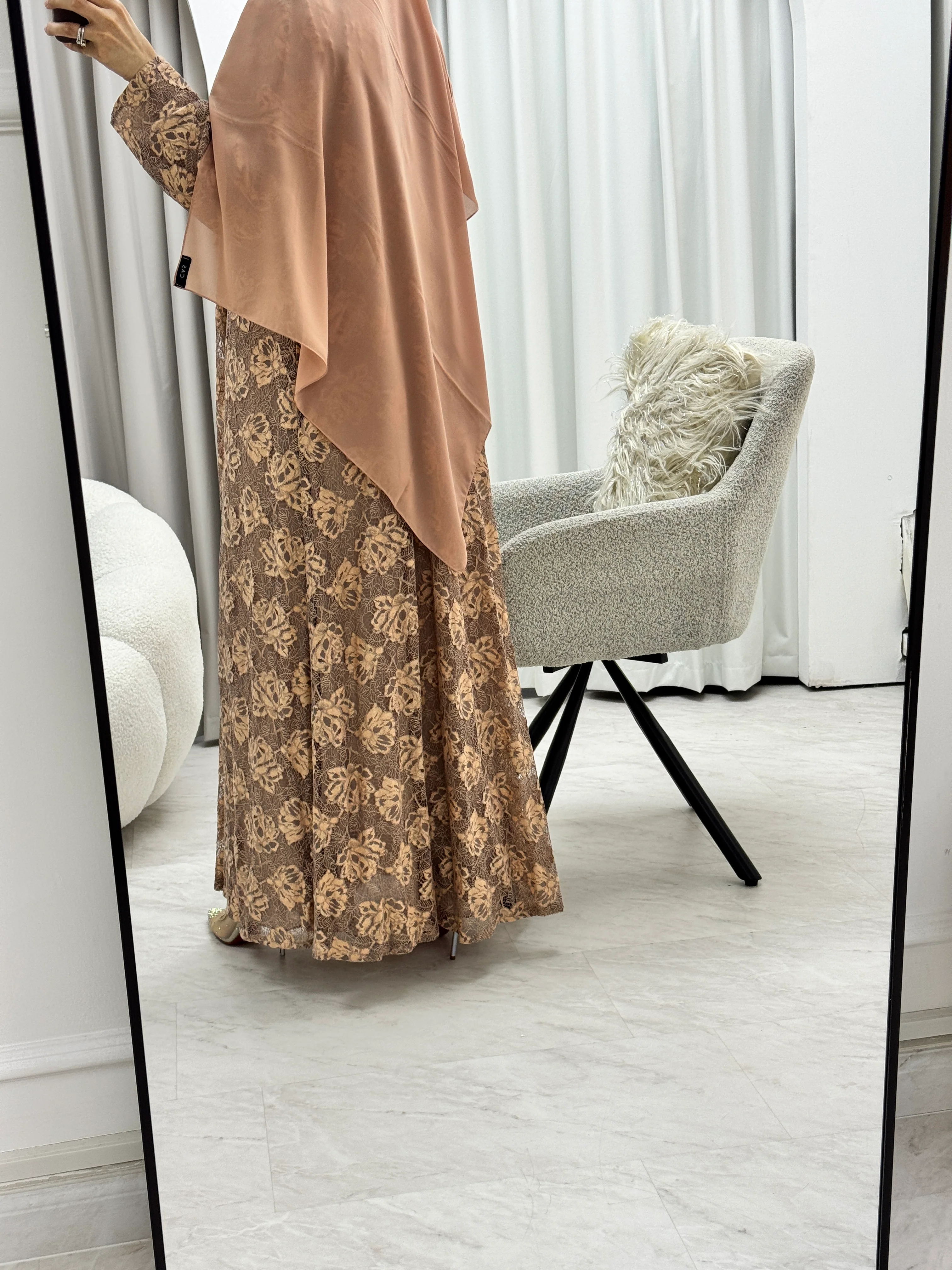 C 1278-03 RTW Amber Brown Dantel Abaya - Image 5