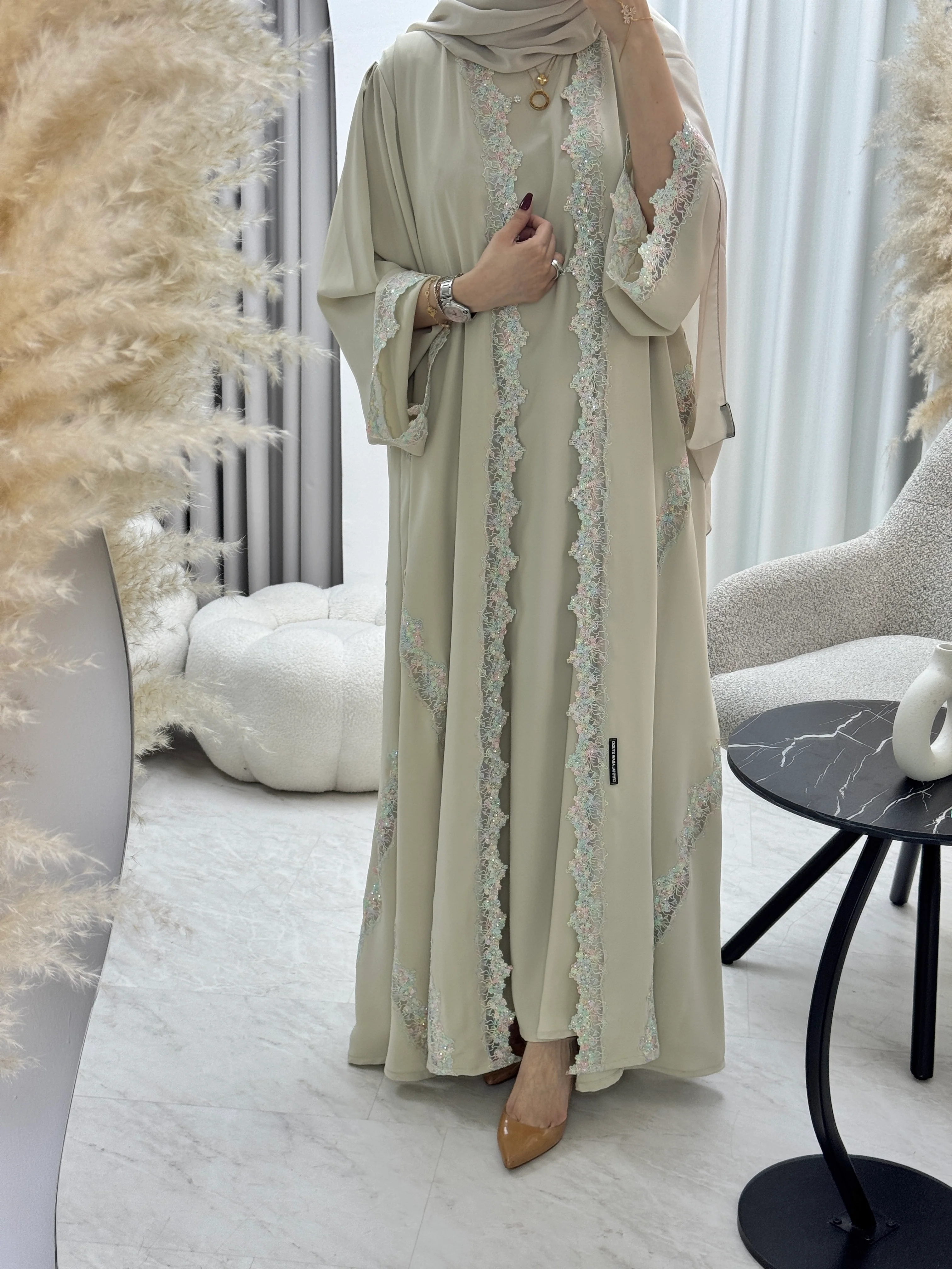 C RTW 1287 Cream Floral Abaya - Image 6