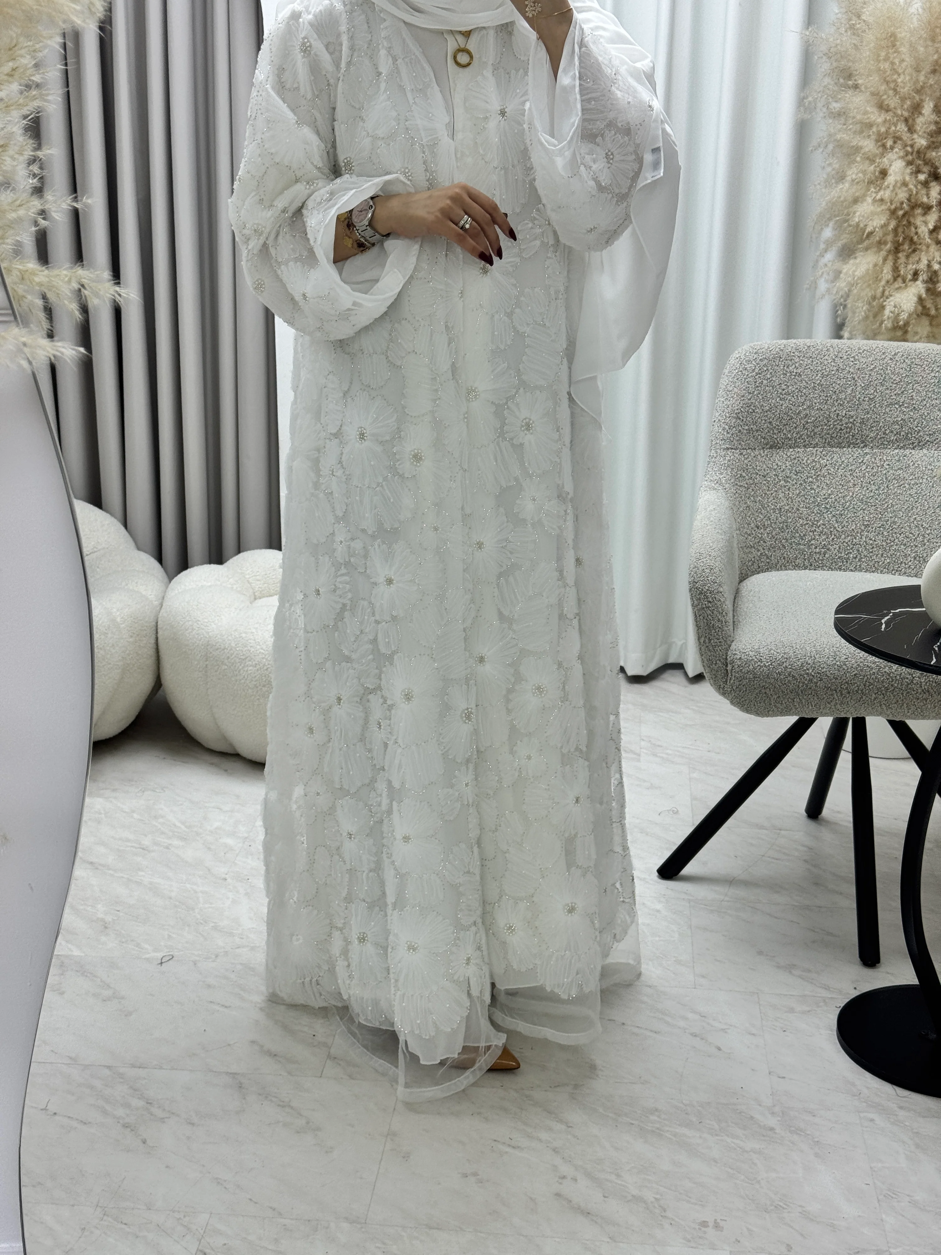 C 1289-01 White Beaded Dantel Abaya - Image 2