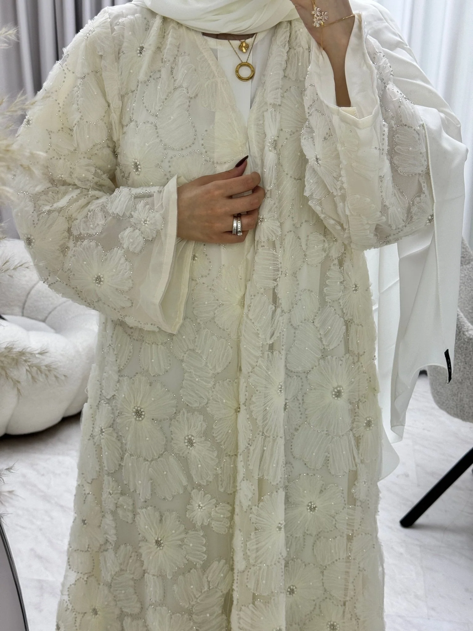 C 1289-04 Warm White Beaded Dantel Abaya