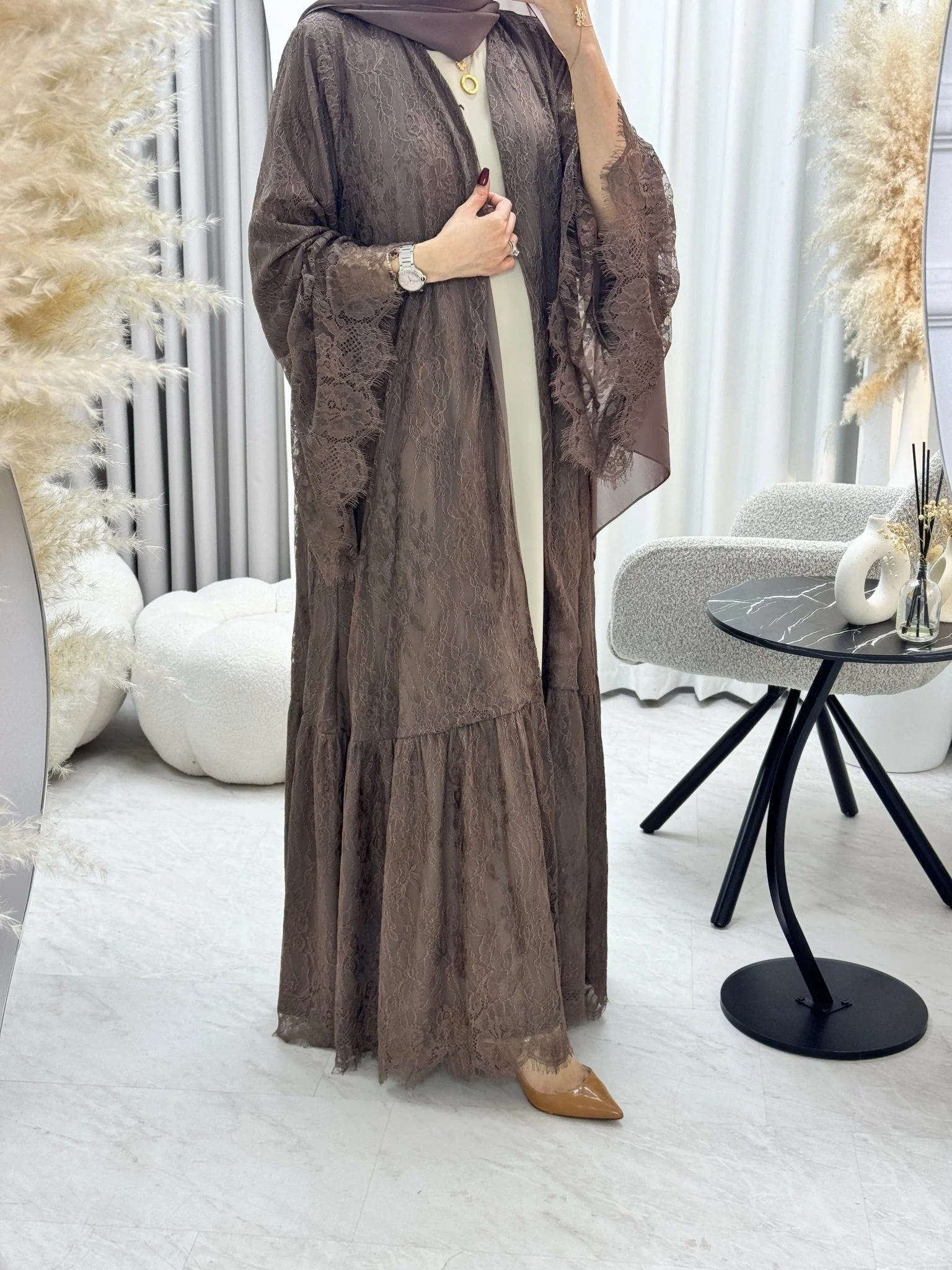 C 1290-03 Cocoa Dantel Abaya - Image 2